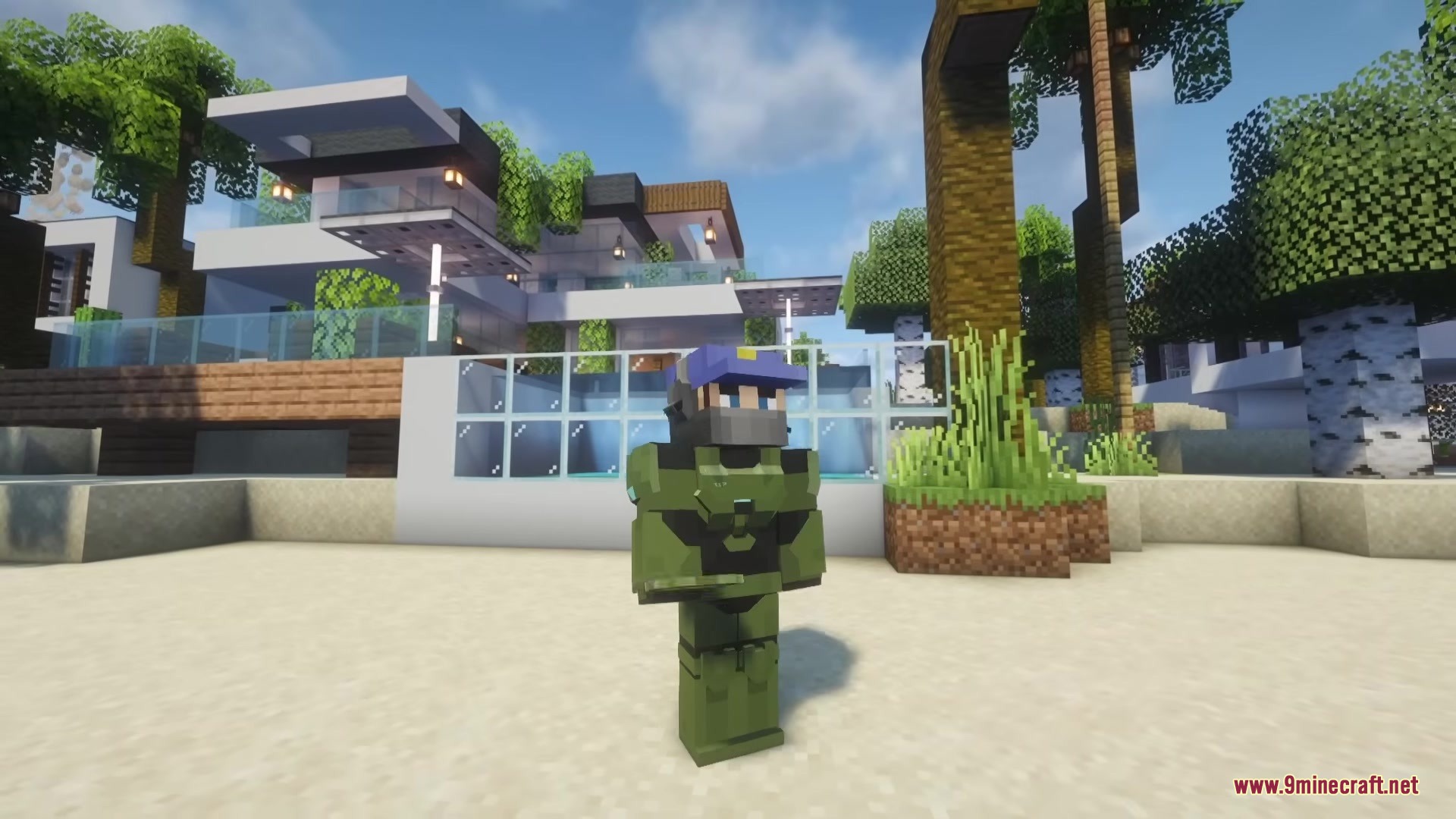 Minecraft character wearing green futuristic armor standing near a modern beach house