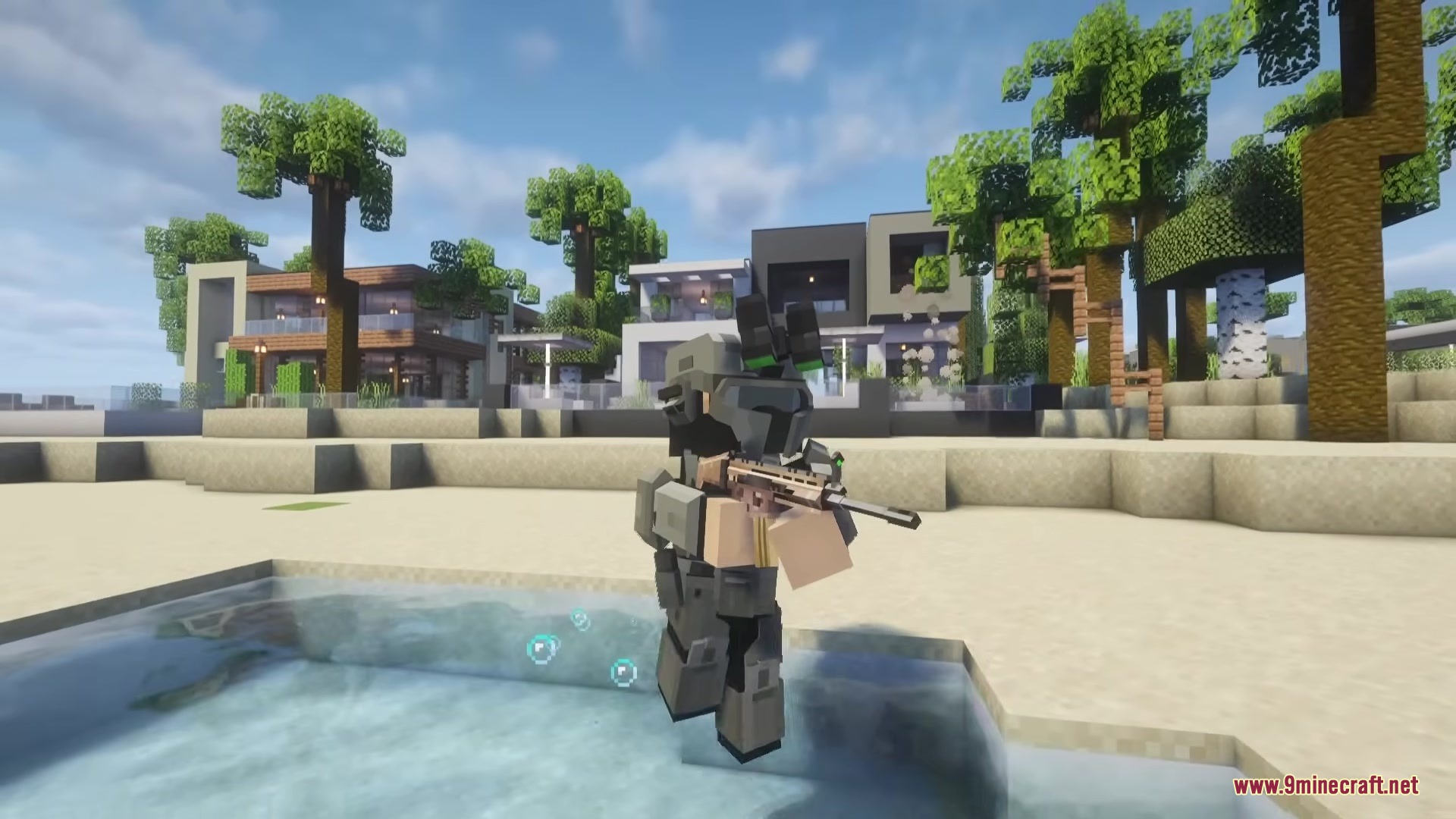 A player in tactical gear holding a rifle on a tropical beach