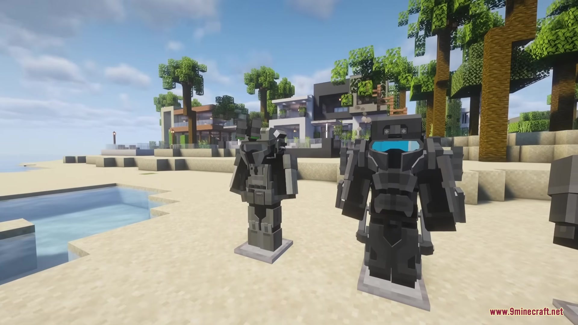 Showcasing futuristic TROL ARMOR sets on armor stands along a sandy beach
