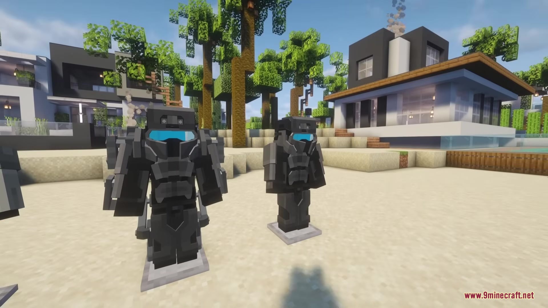 Two black futuristic armor sets from the Trol Armor mod on a beach