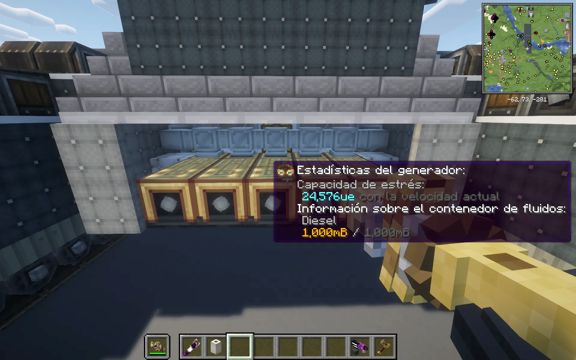 Player viewing the diesel generator statistics for a large mechanical tank build