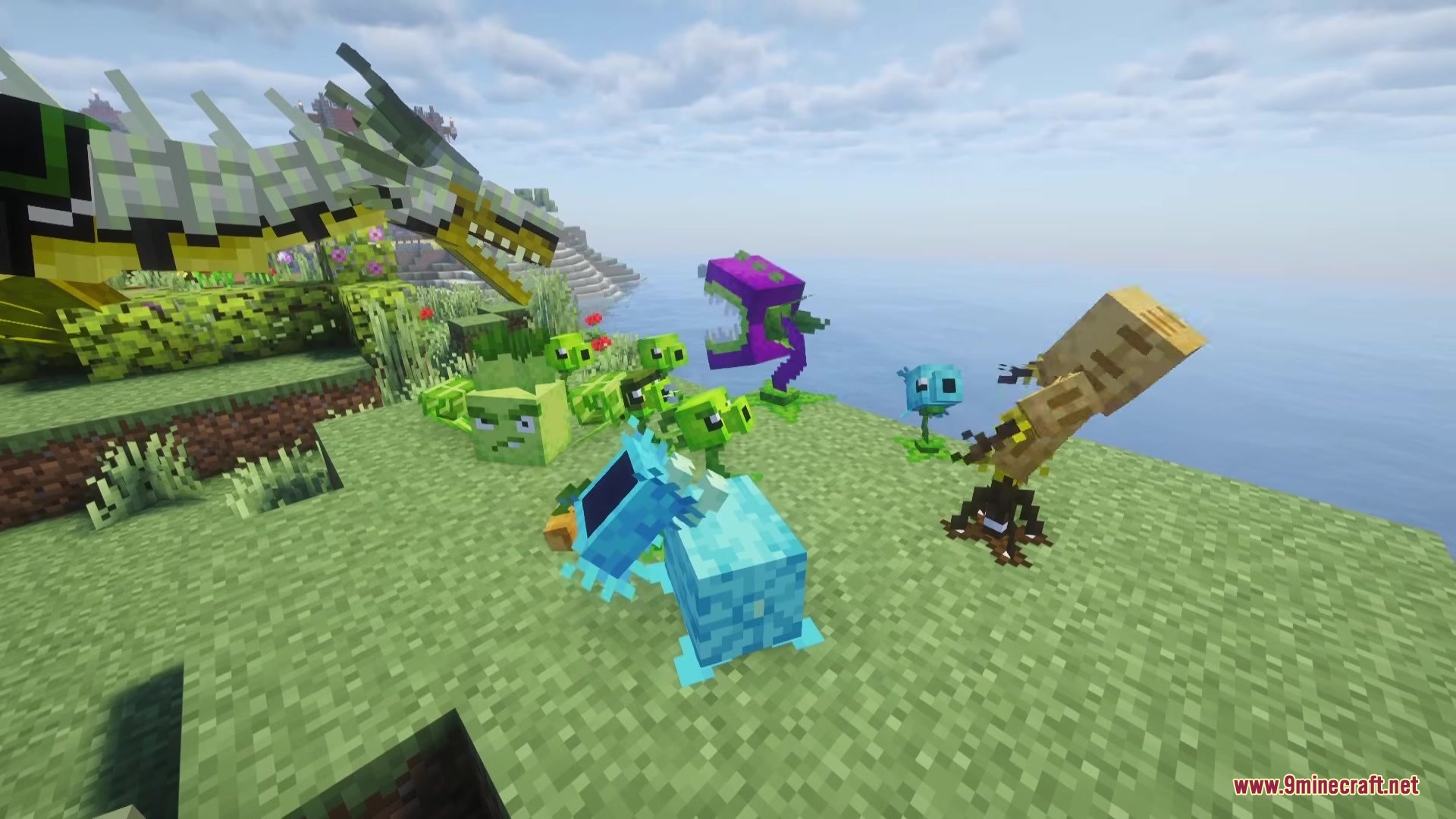 Minecraft plants and a mechanical dragon standing on a grassy cliffside area