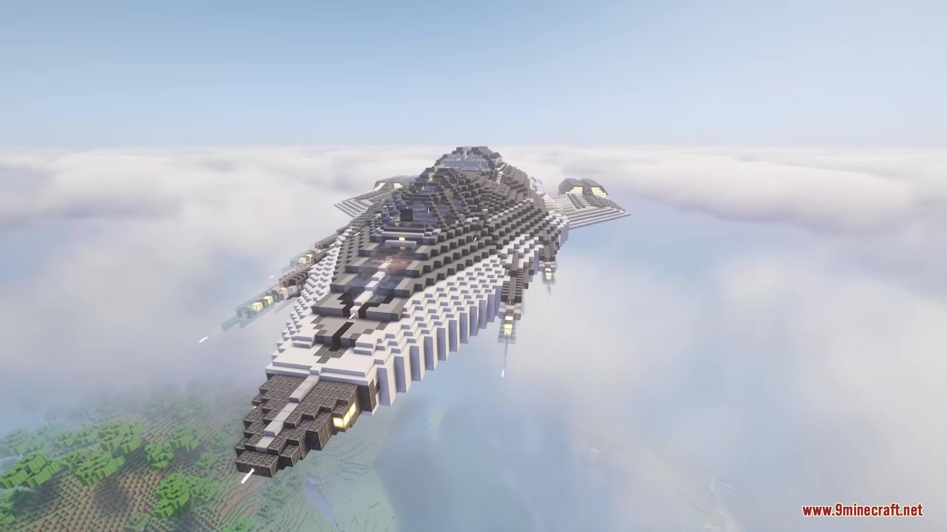 A massive futuristic spaceship from Tax Future Citizen Mod flying above the clouds