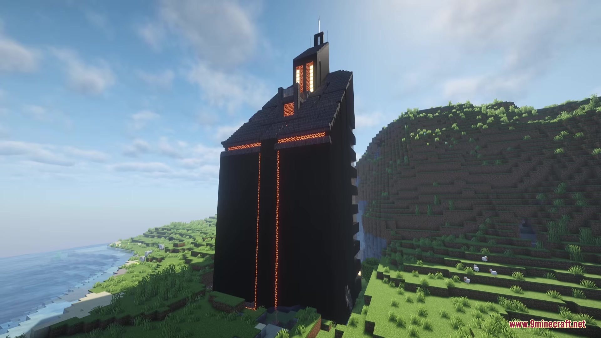 The giant Magma Tower dungeon from the Future Citizen mod on a hill