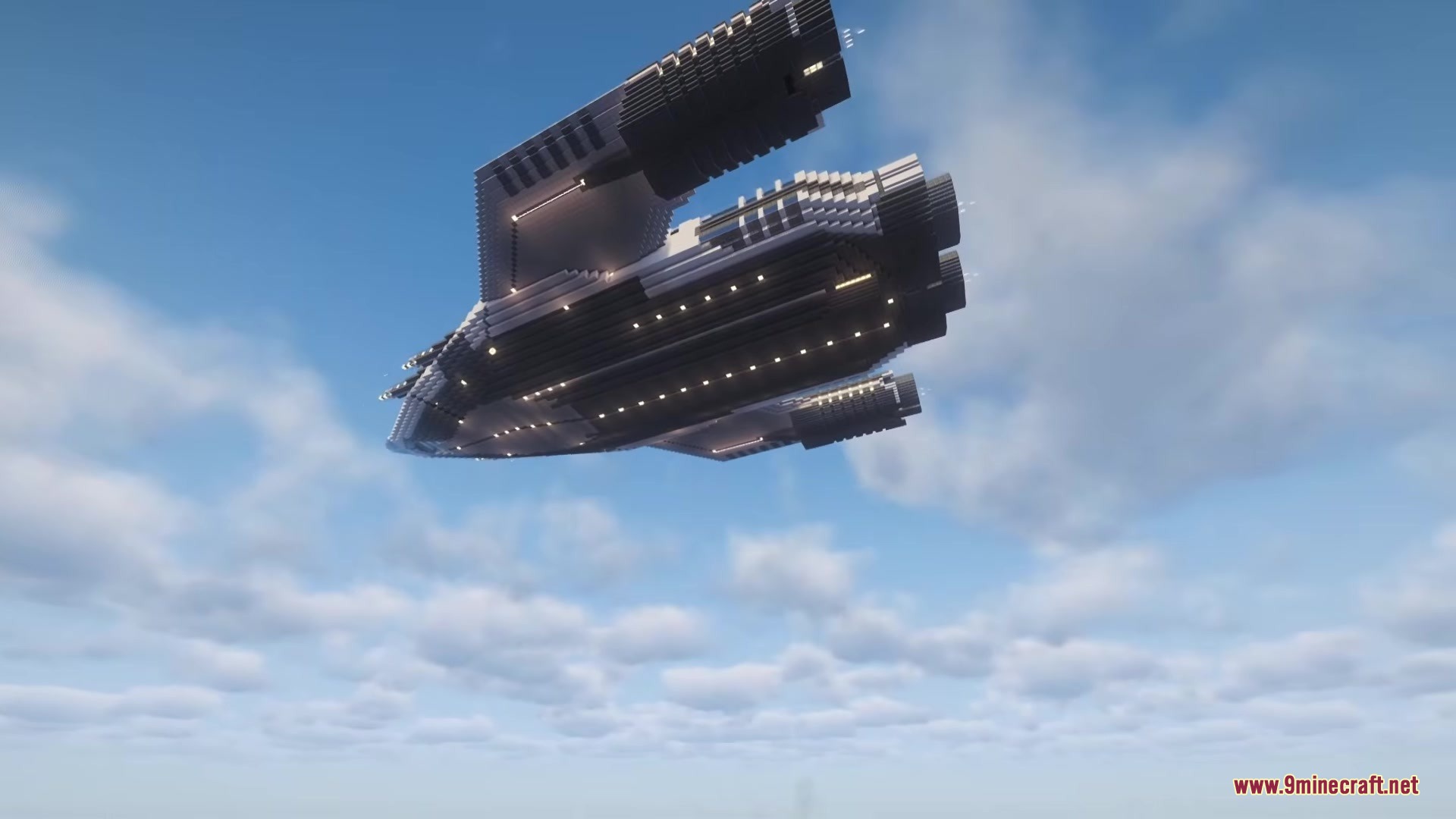 A massive futuristic spaceship from the Future Citizen mod soaring through the clouds