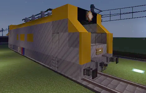 Side view of a large electrical train engine built in Minecraft