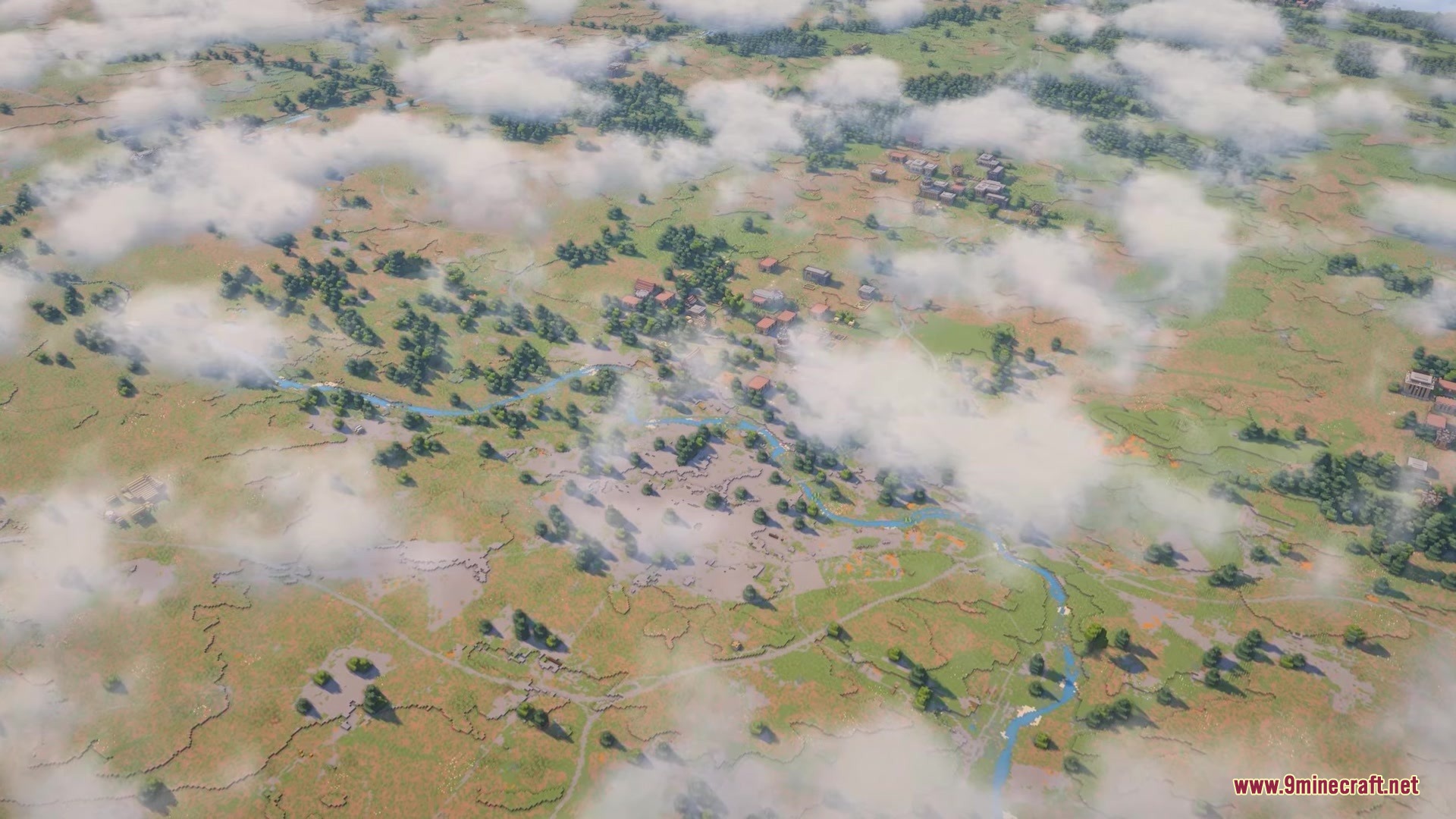 Aerial view of a vast green landscape with villages and clouds in Tellus Mod