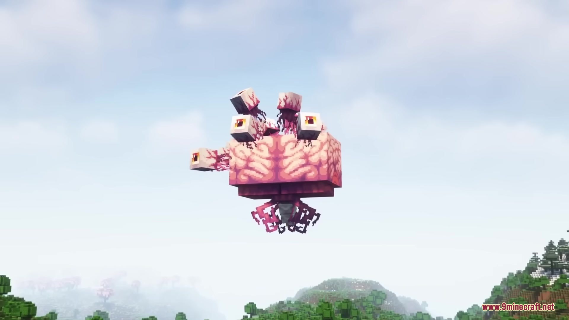 The Brain of Cthulhu boss from Terra Entity Mod floats in the sky