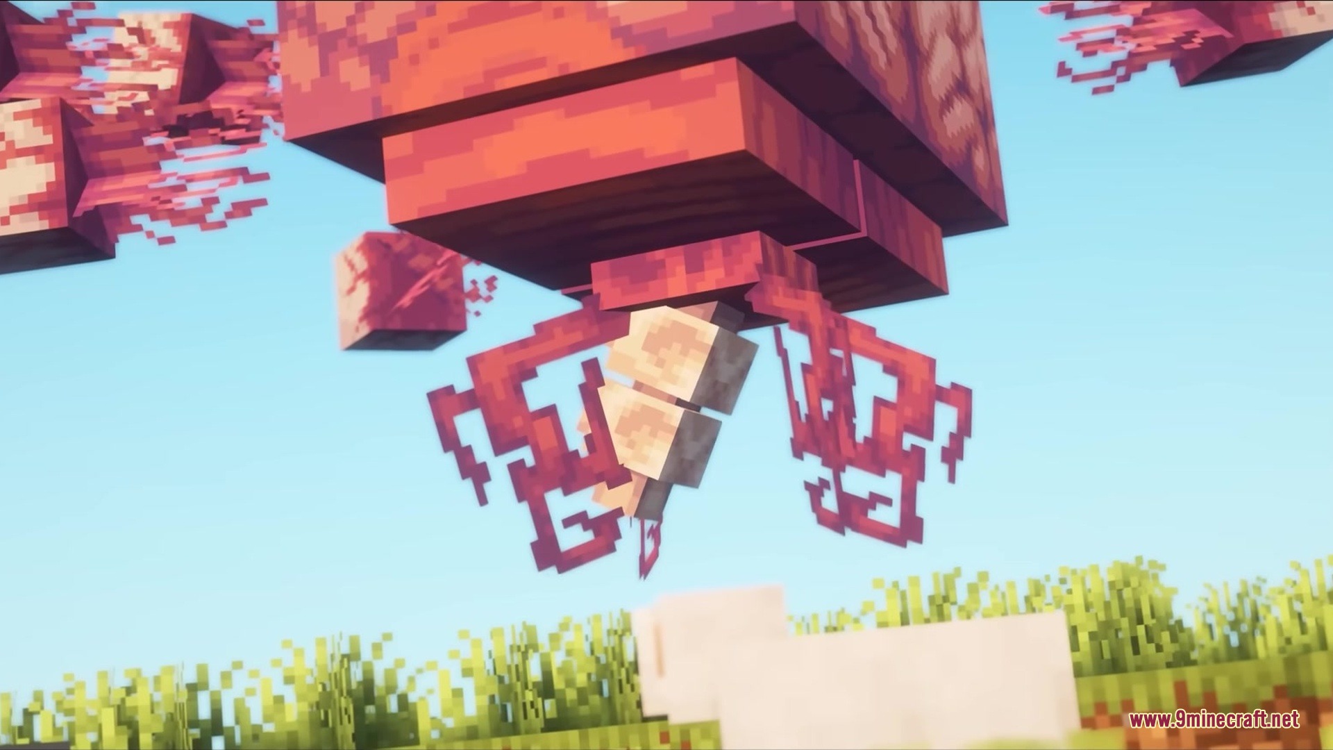 Close up view of a giant brain boss floating above a sheep