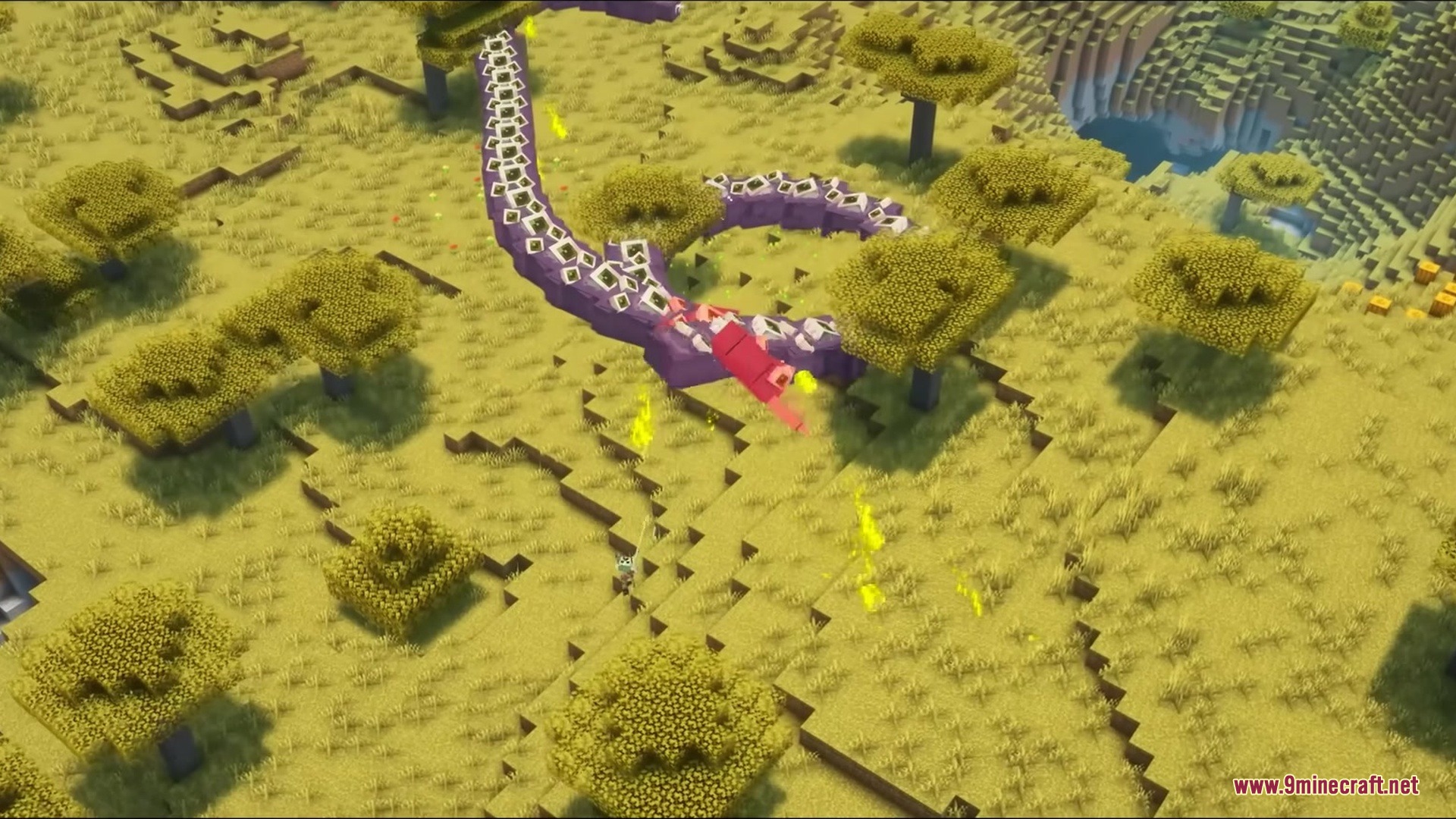 The Eater of Worlds boss flying through a savanna biome in Minecraft