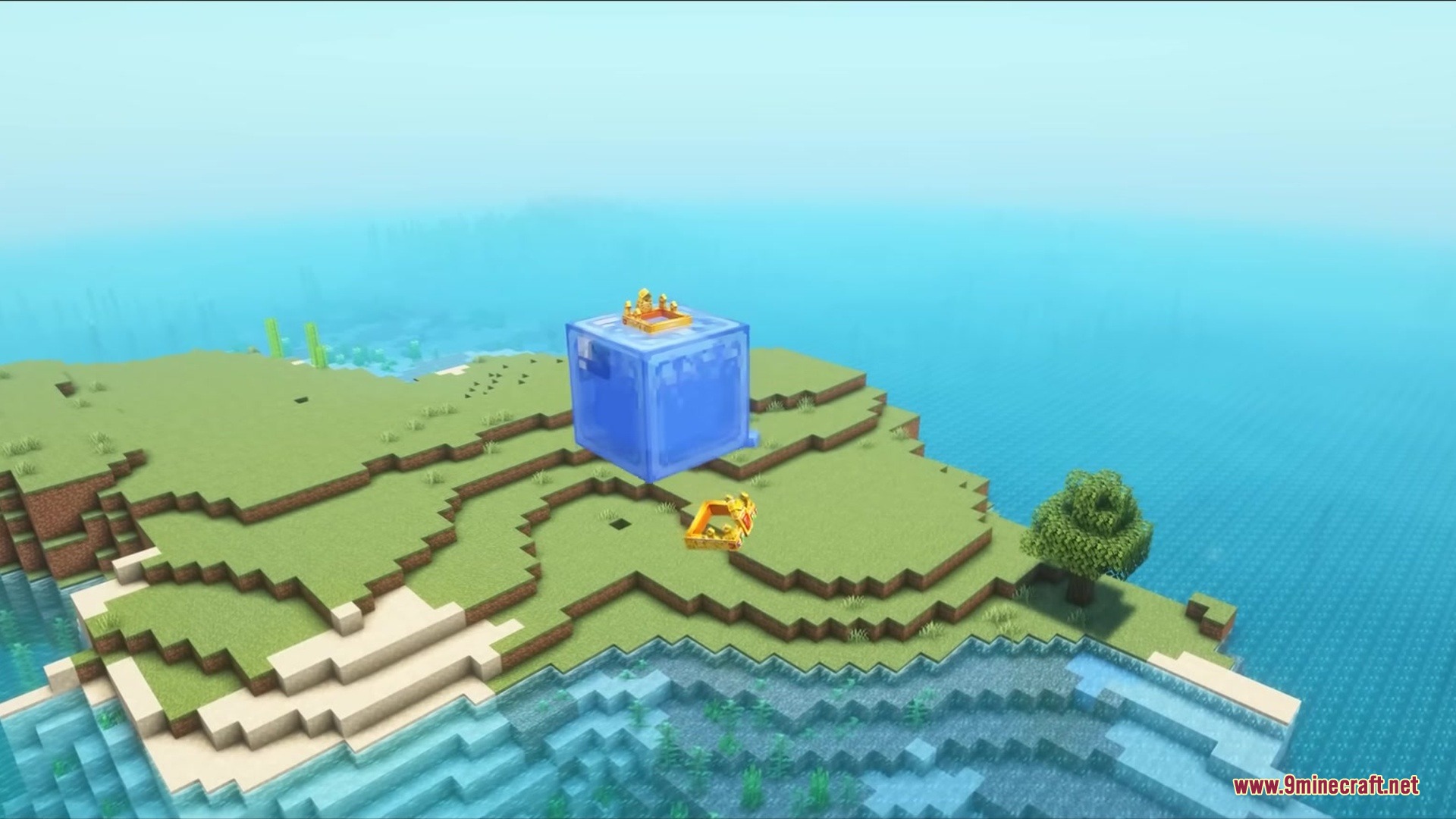 King Slime boss sitting on a grassy island near the blue ocean