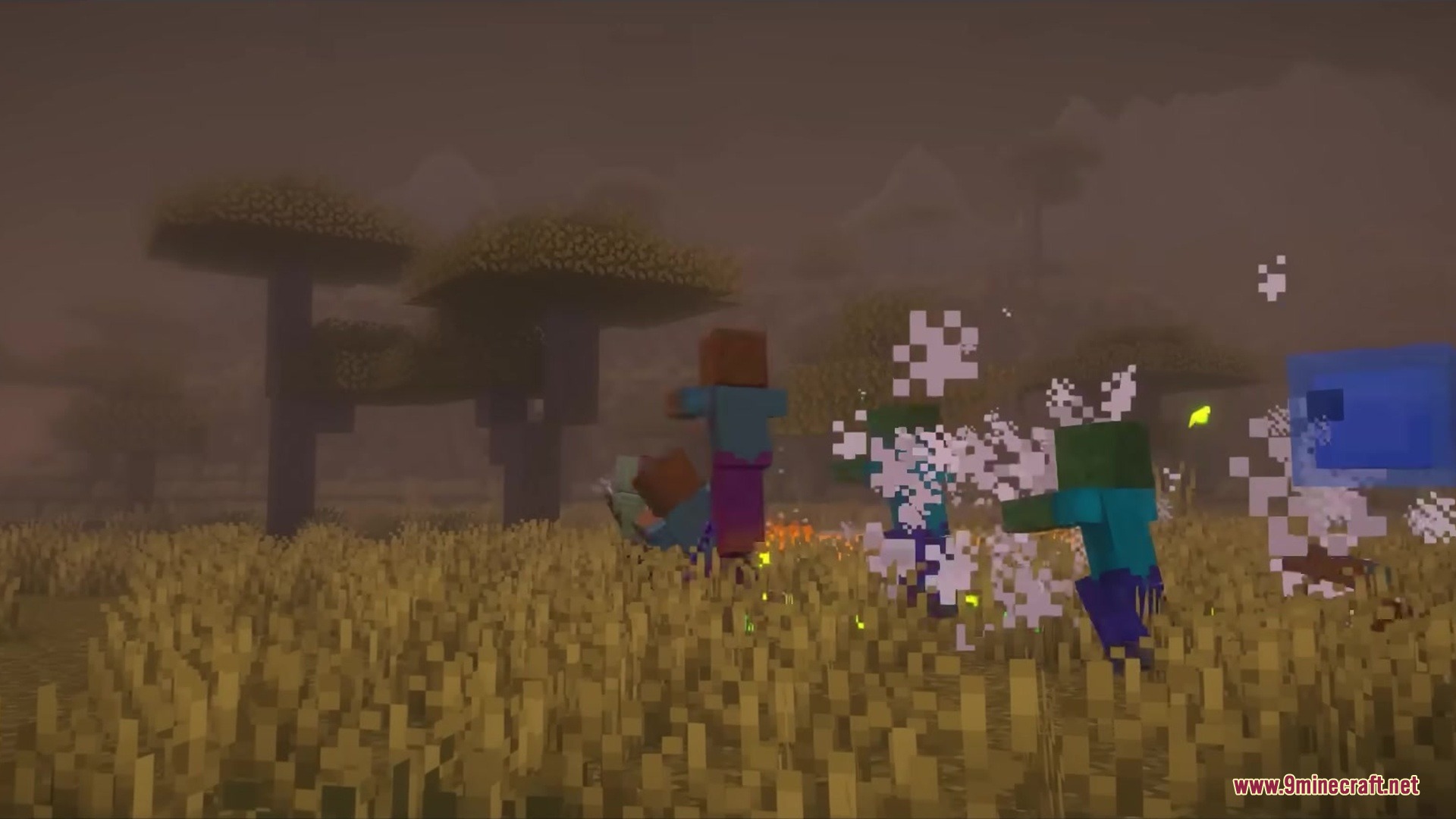 Minecraft player fighting zombies and a blue slime during a foggy night