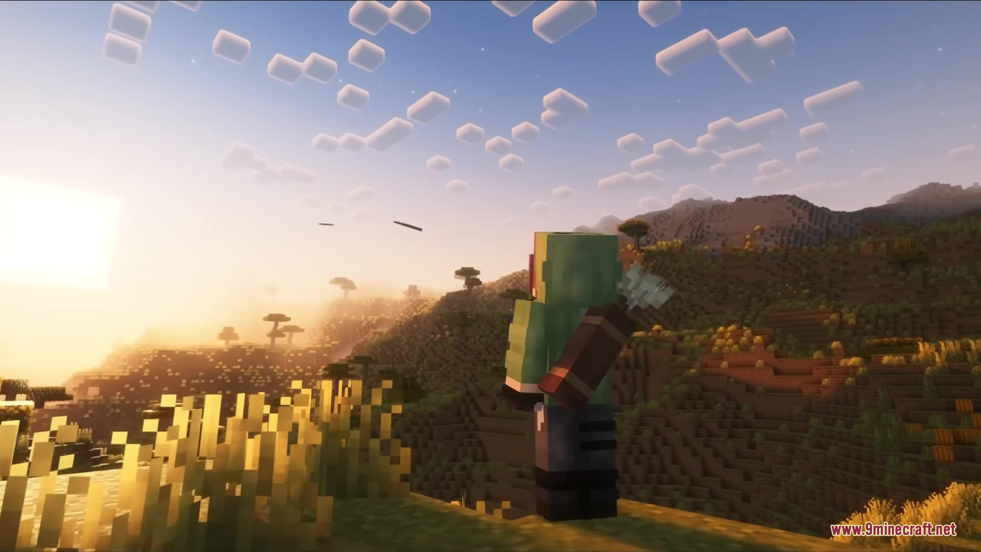 A player with a quiver stands on a hill overlooking the savanna sunset