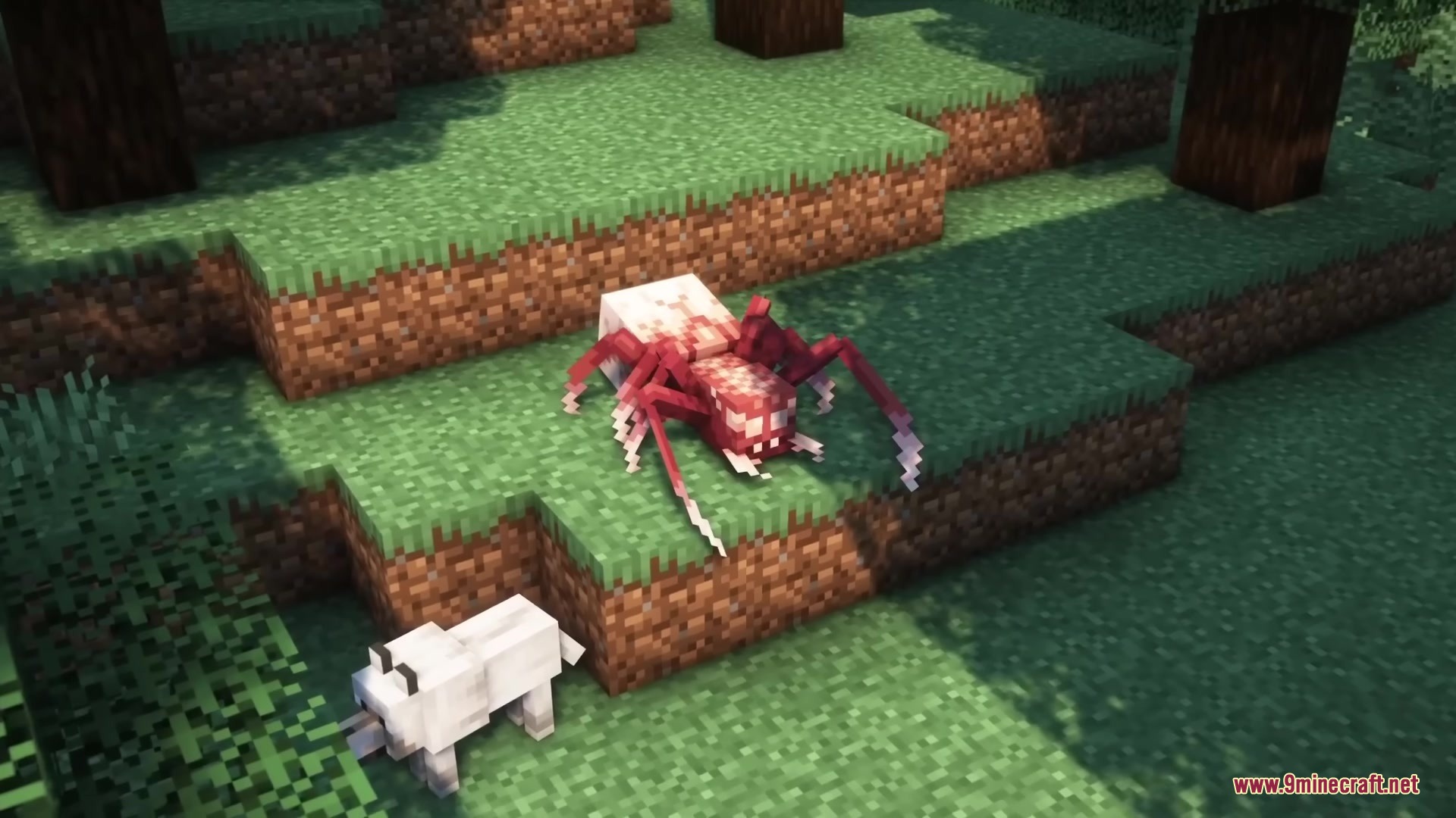 A red spider creature crawls on grass blocks near a white wolf
