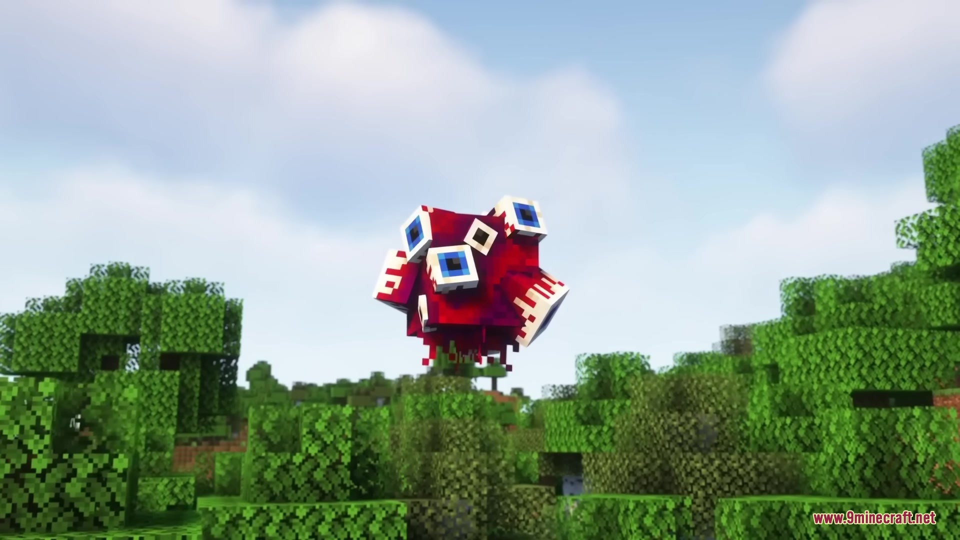 Floating red monster with multiple eyes hovers over a lush green forest biome