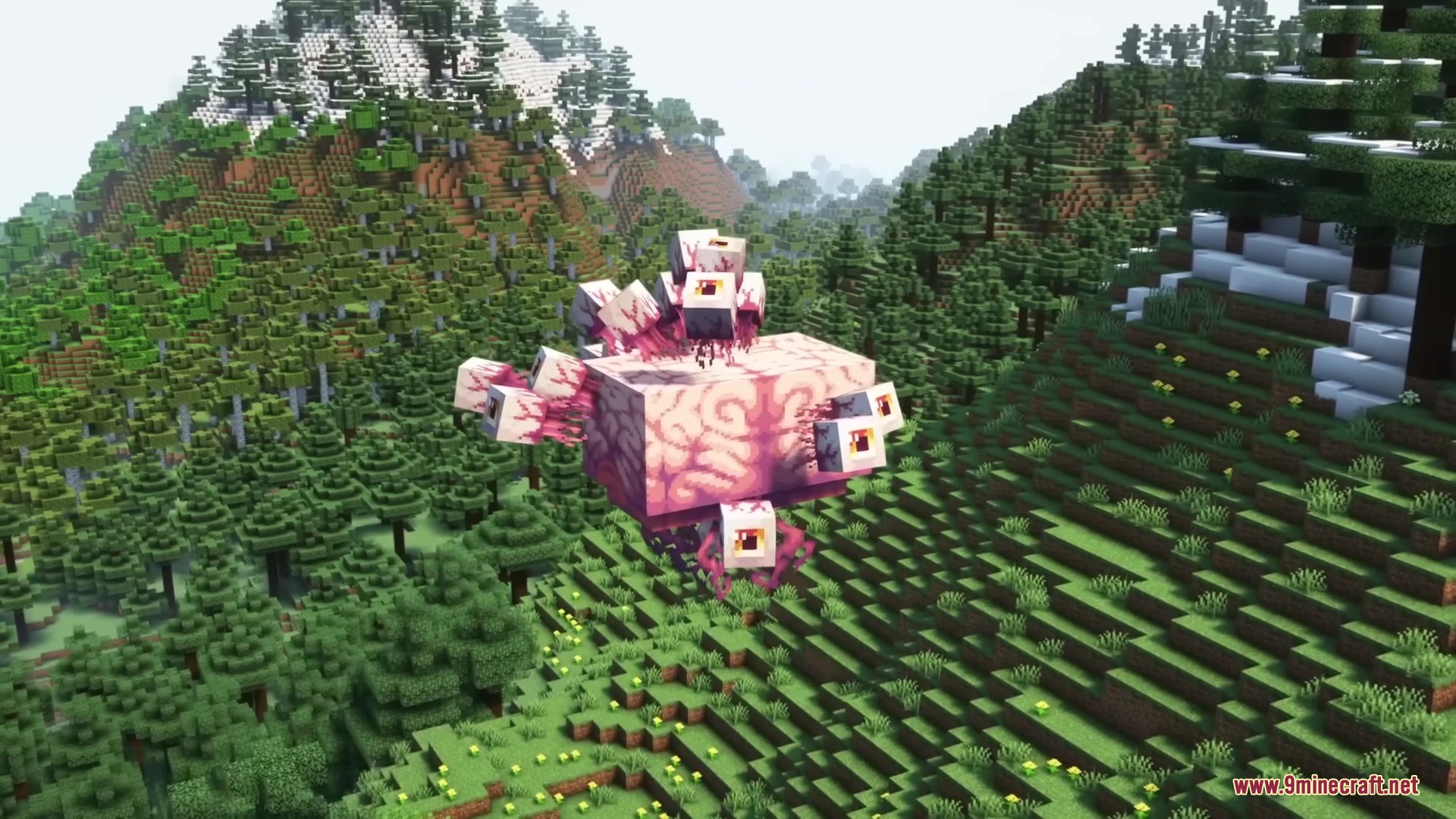 The Brain of Cthulhu boss from Terra Entity Mod floats over trees