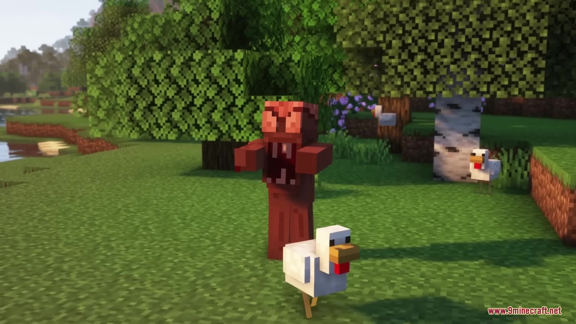 A red Face Monster from Terra Entity Mod stands near some white chickens