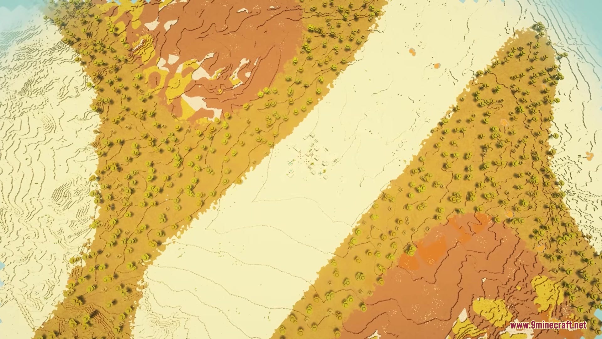 Aerial view of a desert biome featuring diagonal stripes of mesa terrain