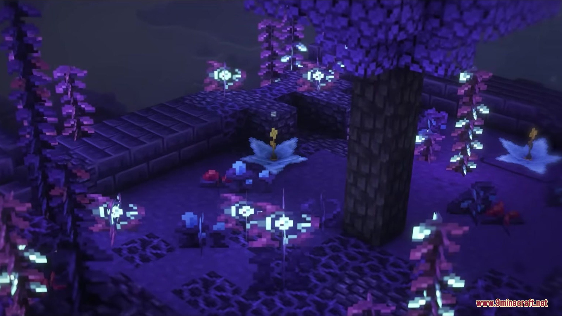 Tetrismc Mod Screenshot 1 Glowing flowers and purple trees in a dark Minecraft biome