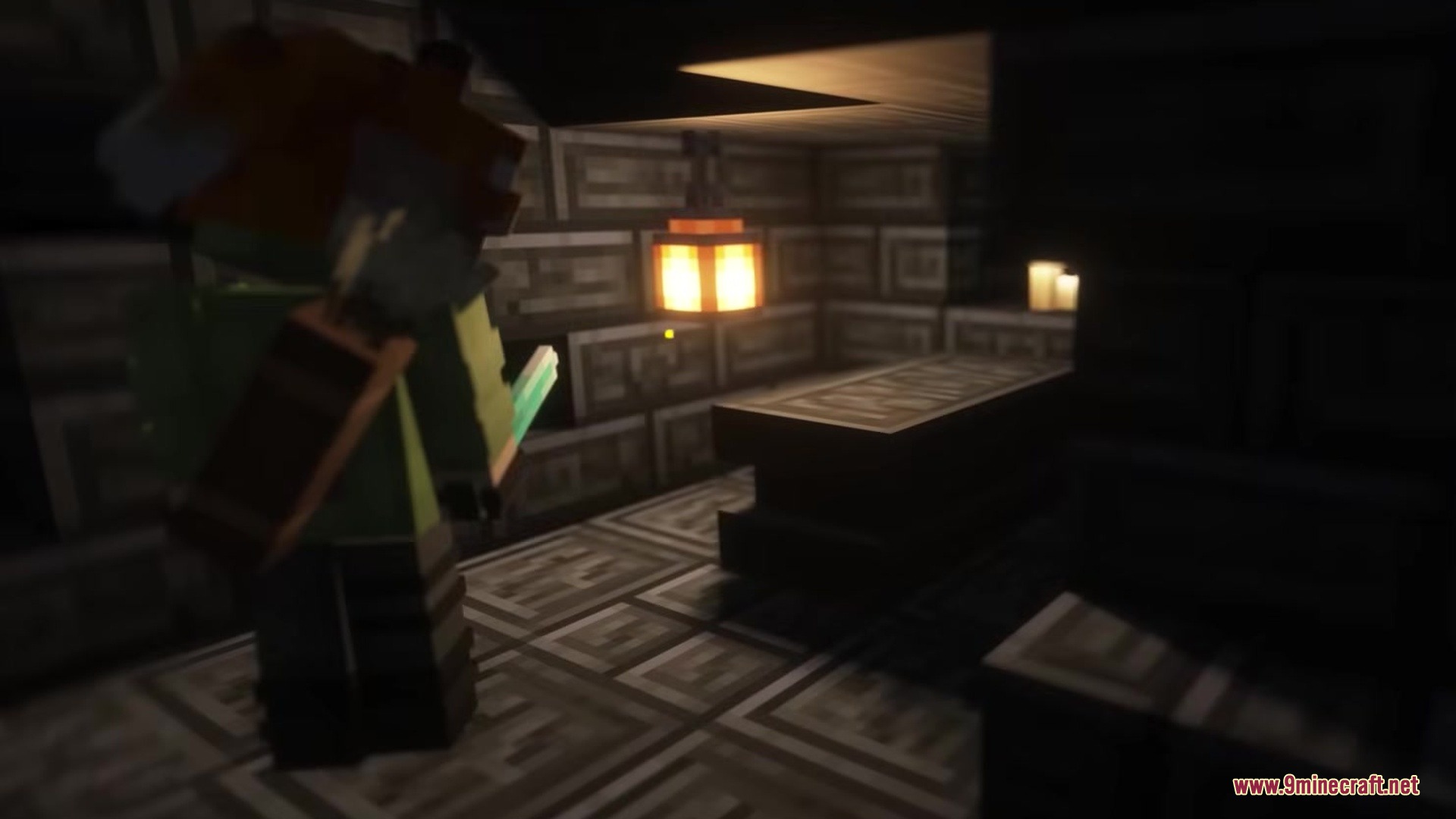 Tetrismc Mod Screenshot 10 A player character exploring a dark room with a lantern and stone coffin