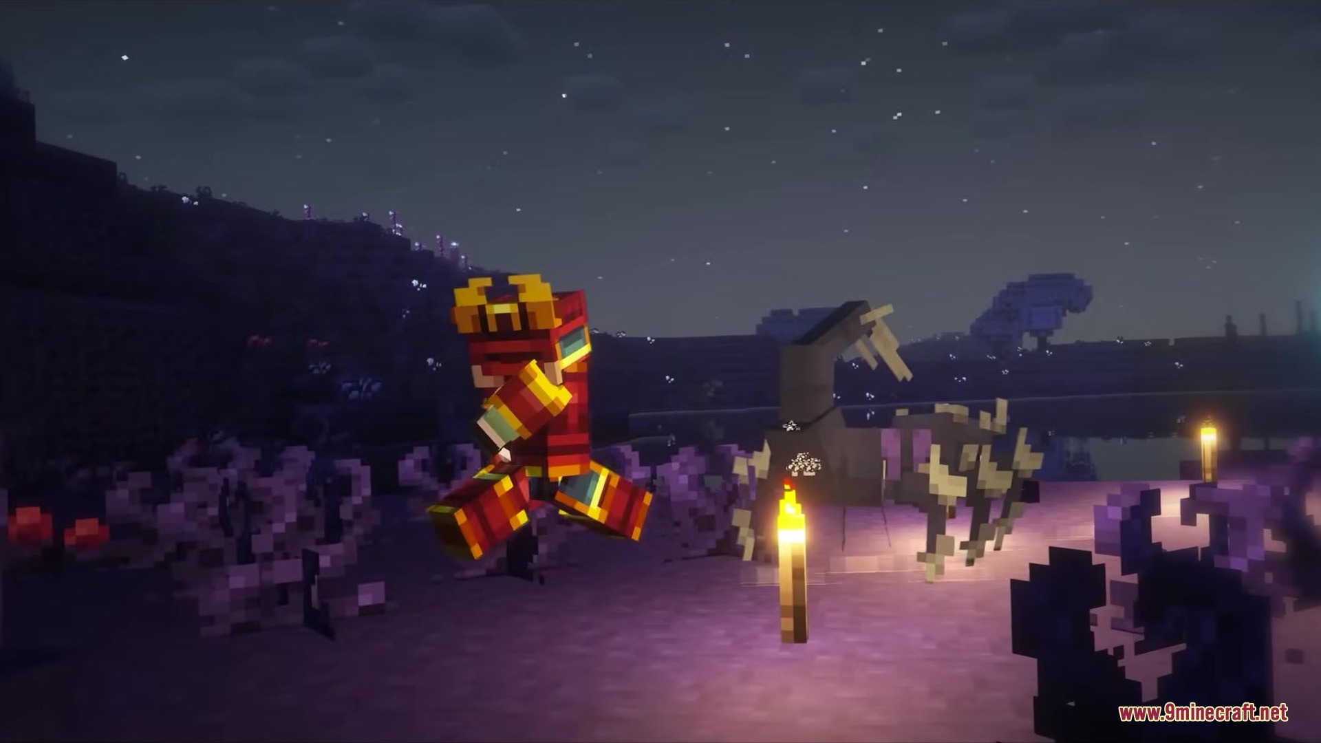 Tetrismc Mod Screenshot 11 A player in red armor stands next to a skeletal horse at night