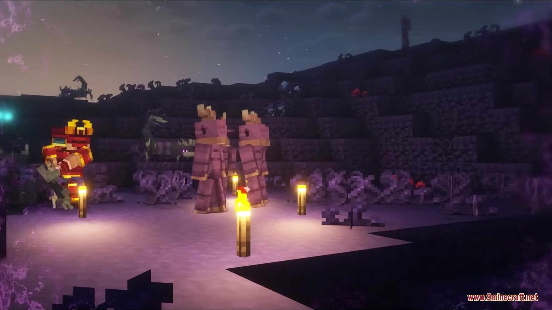 Tetrismc Mod Screenshot 12 Armored character encounters strange purple mobs in a dark and mysterious dimension