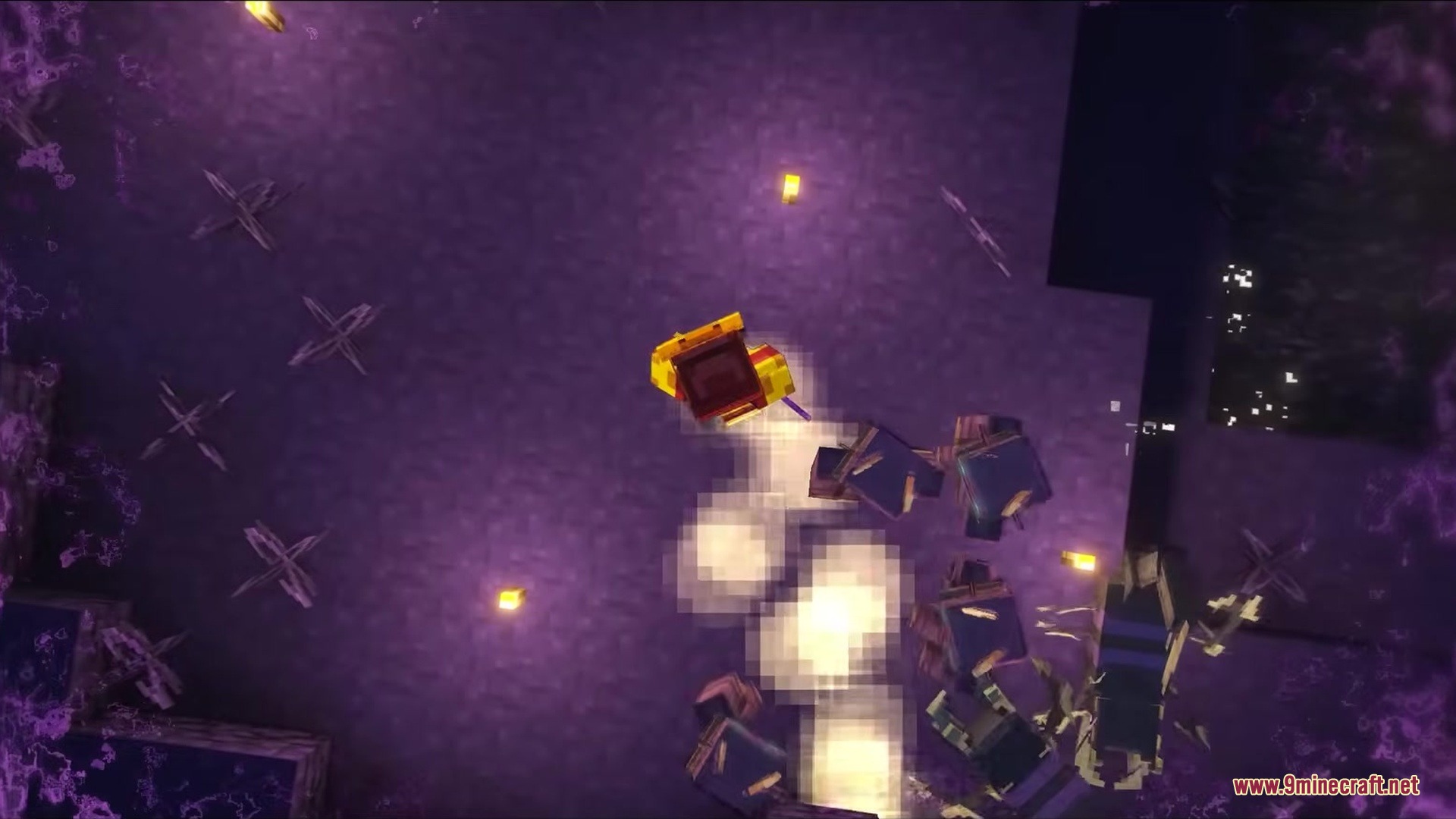 Tetrismc Mod Screenshot 13 Top down view of a player in golden armor surrounded by purple magic particles