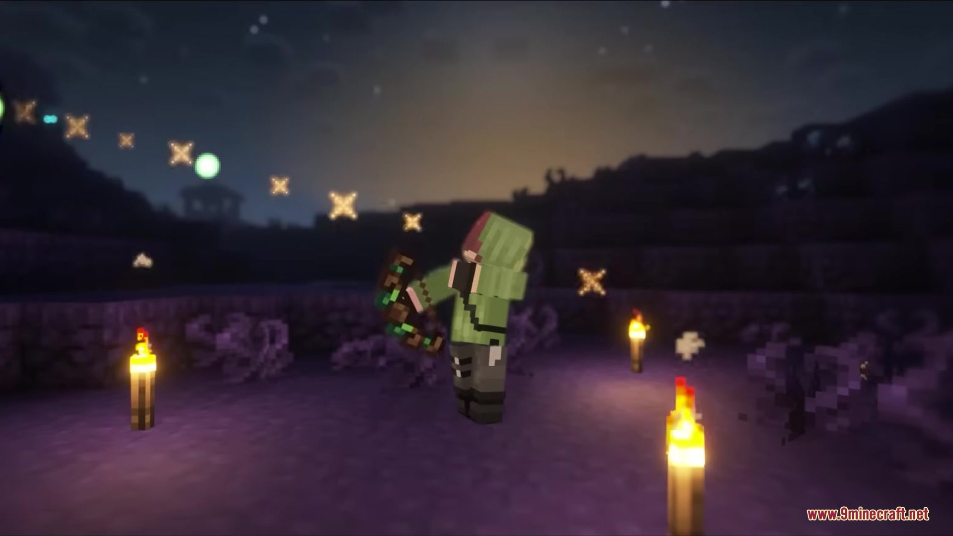 Tetrismc Mod Screenshot 14 A player in a green hoodie aiming a bow in a dark purple landscape