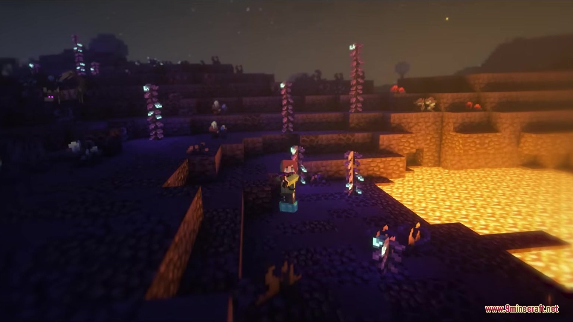 Tetrismc Mod Screenshot 15 Player exploring a dark landscape with glowing purple flora and bright lava pools