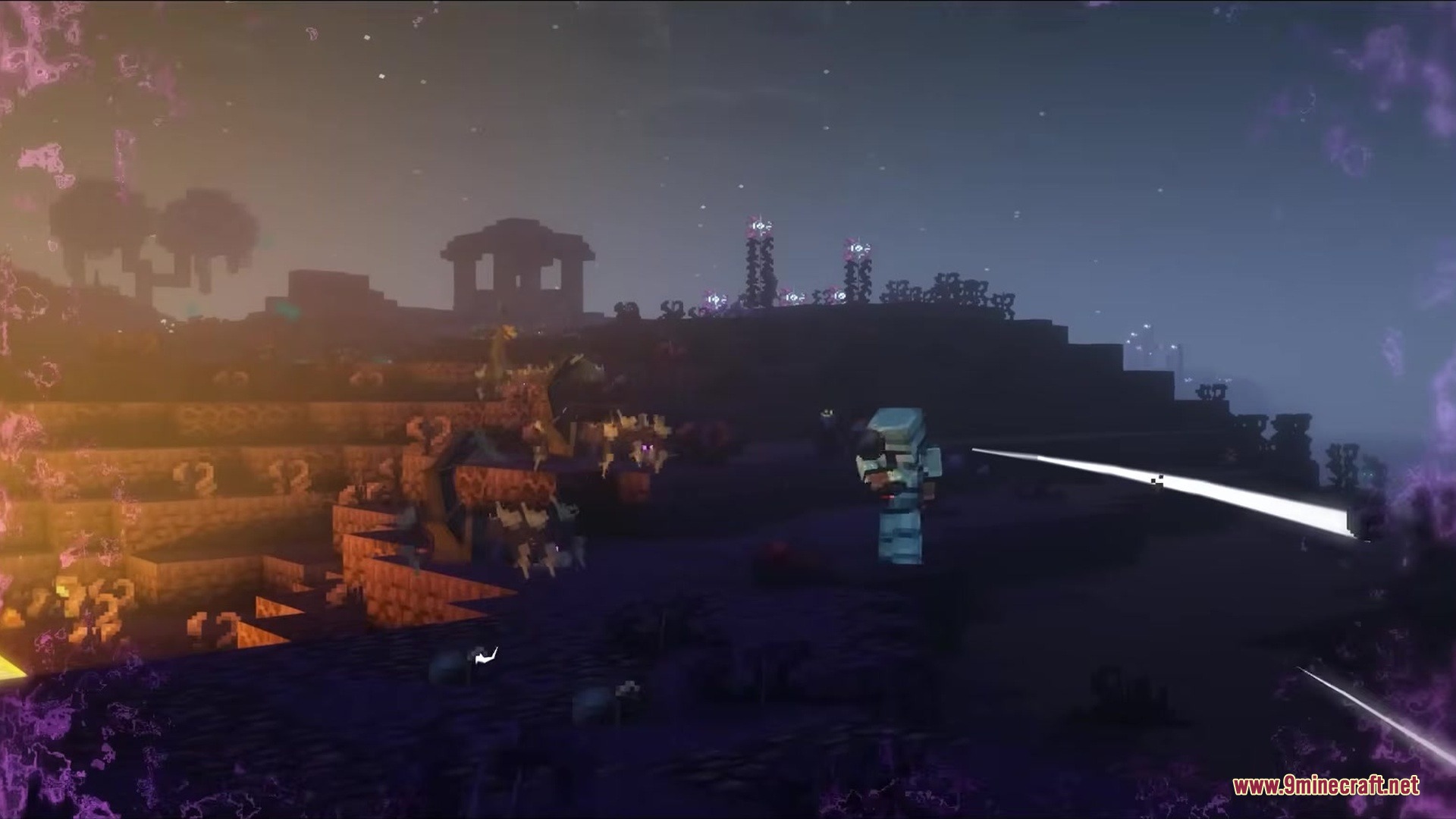 Tetrismc Mod Screenshot 16 Character in blue armor stands in a dark biome with a white beam