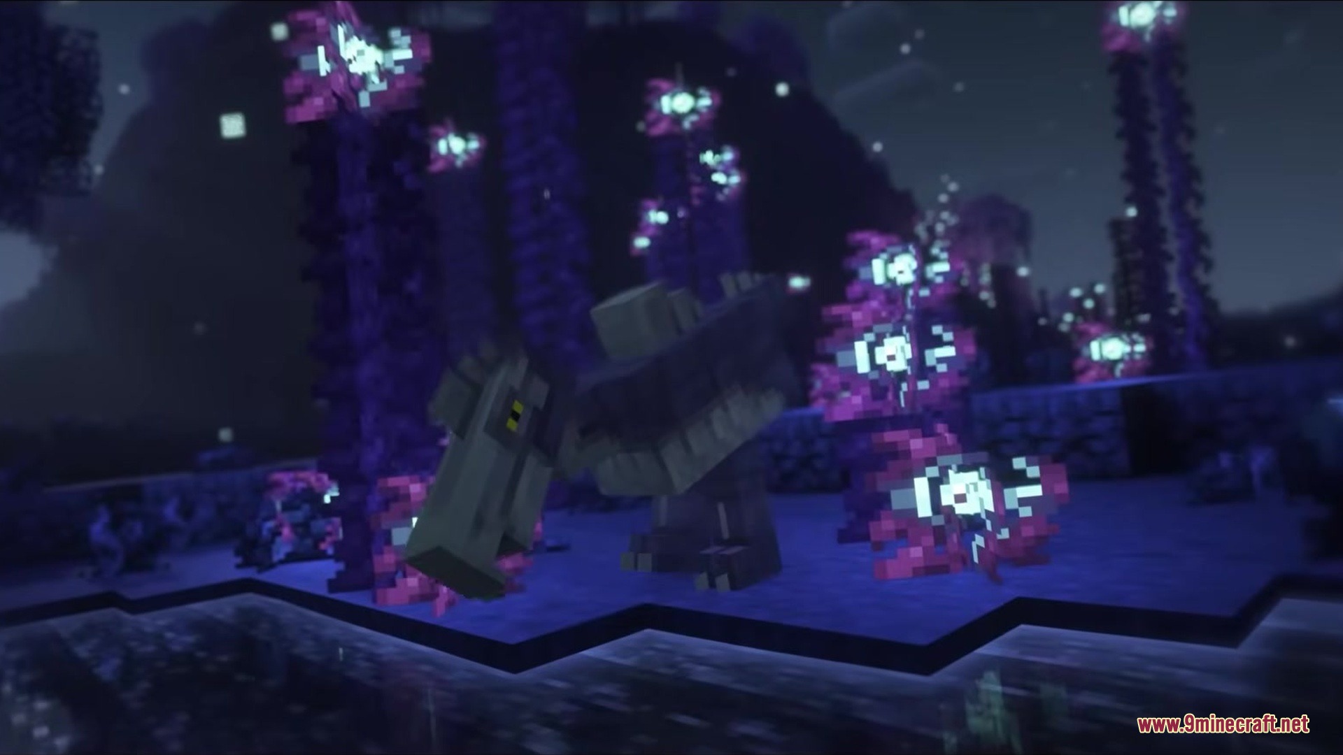 Tetrismc Mod Screenshot 2 A blocky dinosaur creature standing among glowing purple plants at night
