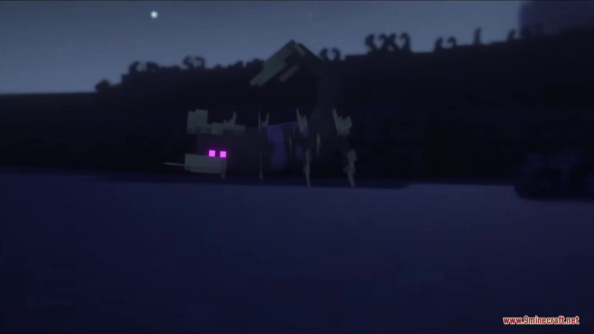 Tetrismc Mod Screenshot 3 A dark creature with glowing pink eyes and a long tail at night