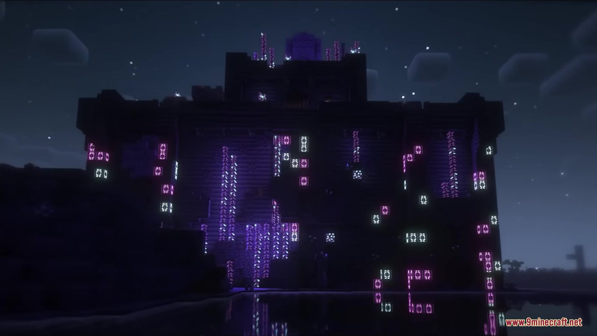 Tetrismc Mod Screenshot 4 A massive dark castle with glowing purple lights standing near the water