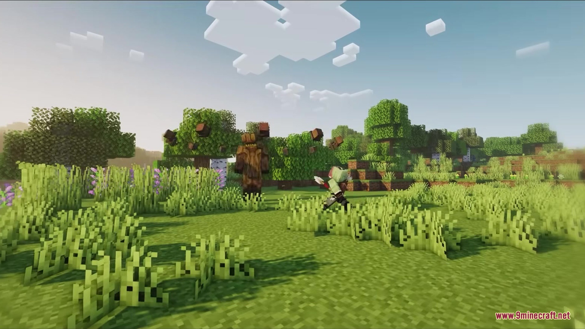 Tetrismc Mod Screenshot 5 A tall wooden monster standing in a grassy field near a player