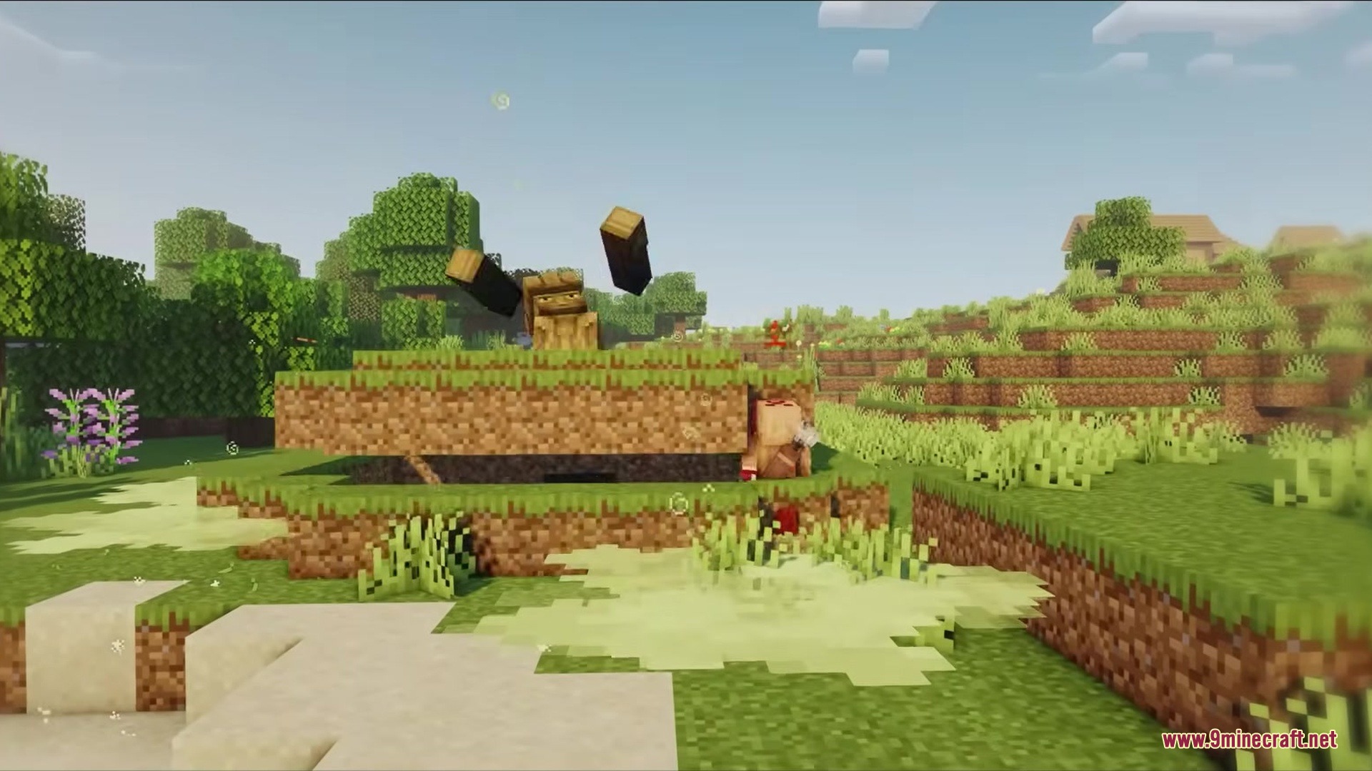 Tetrismc Mod Screenshot 6 A wooden monster jumping and smashing the ground in a grassy field