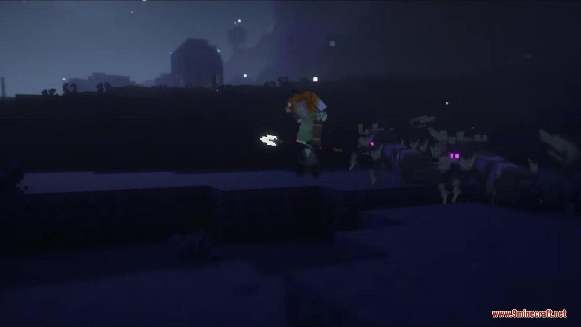 Tetrismc Mod Screenshot 7 A character explores a dark Minecraft world with glowing purple eyes nearby