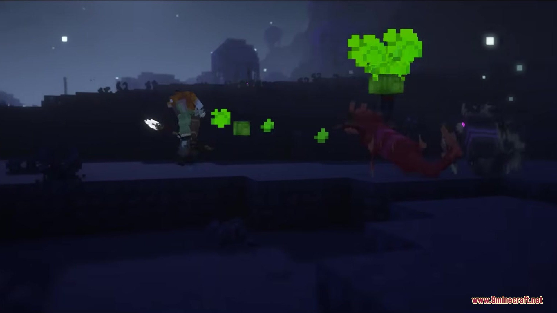 Tetrismc Mod Screenshot 8 The player battles a red mob with vibrant green particles during the night