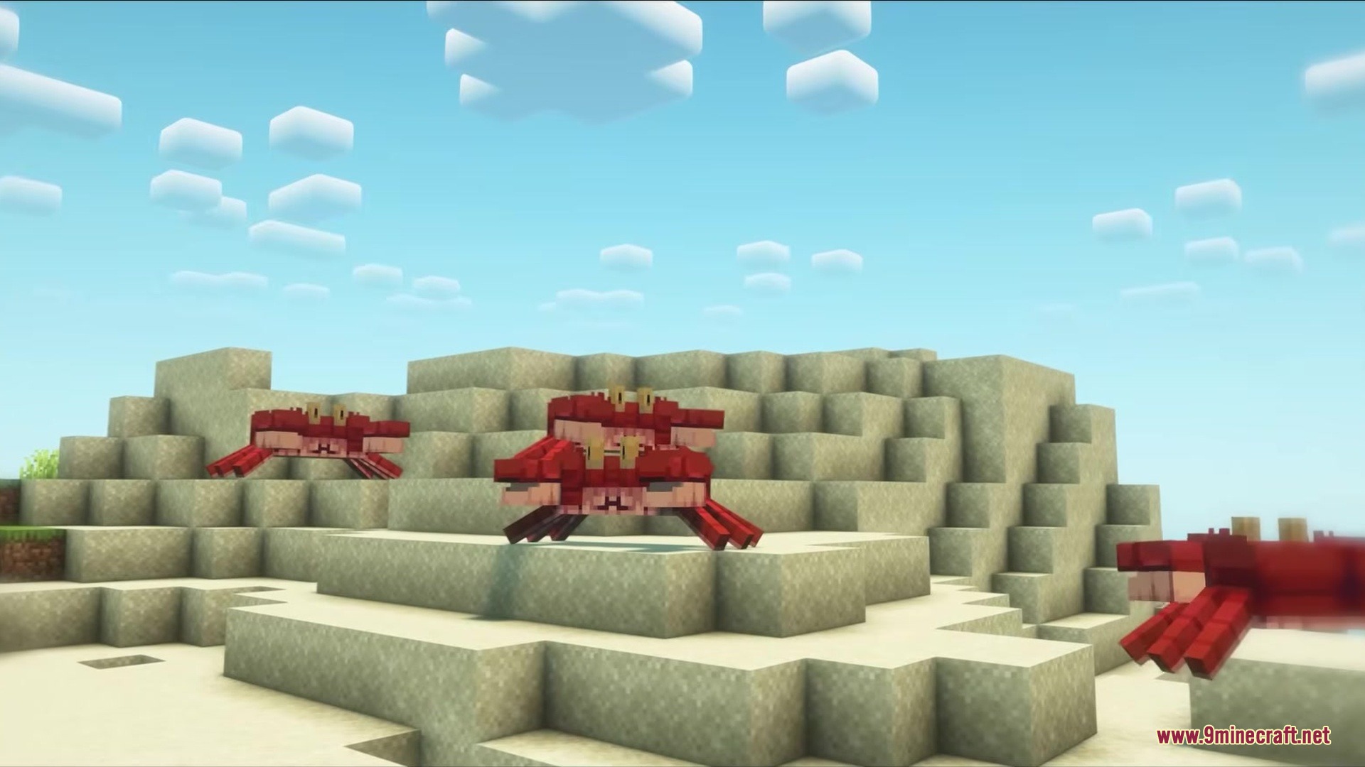 Tetrismc Mod Screenshot 9 Three red crabs standing on sand blocks under a clear blue sky