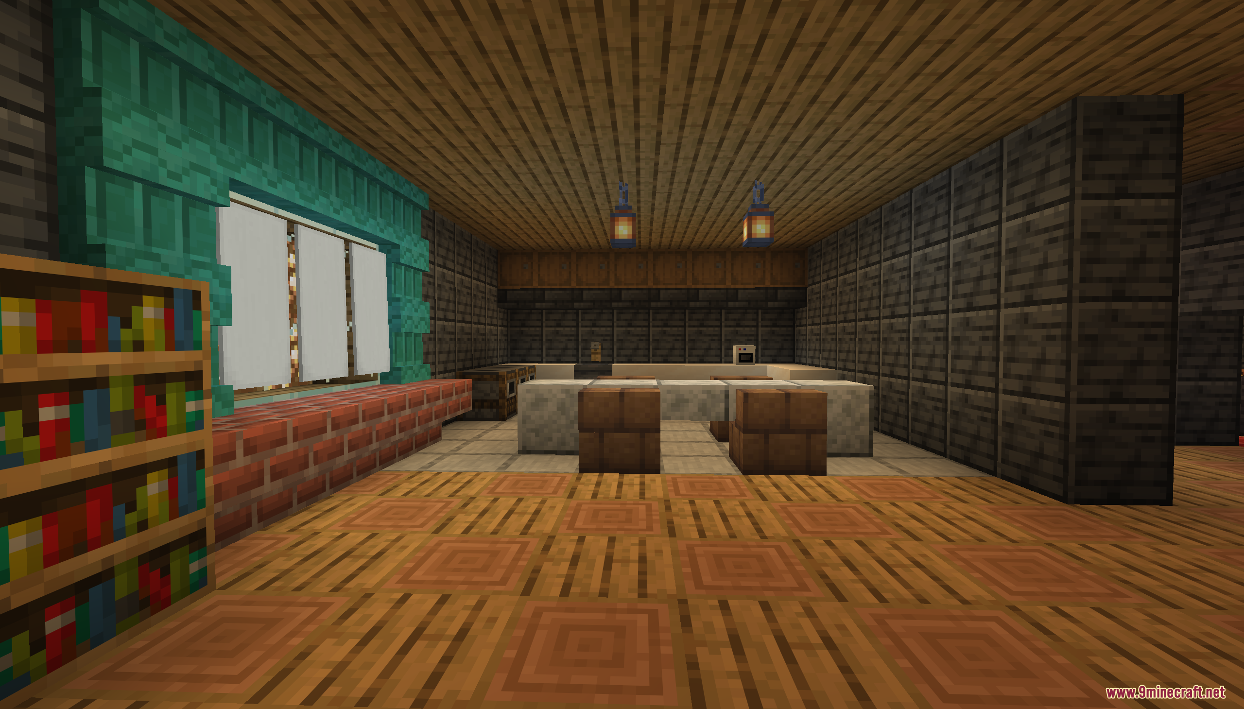 A cozy Minecraft kitchen area with white counters and a teal window