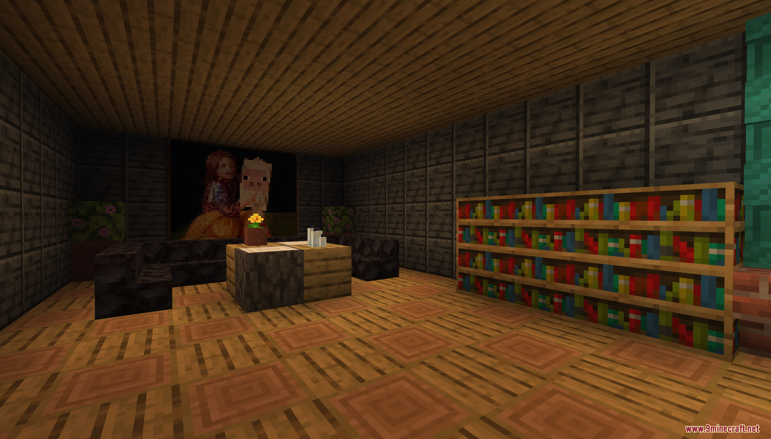 A Minecraft living room with a large painting and a wooden bookshelf