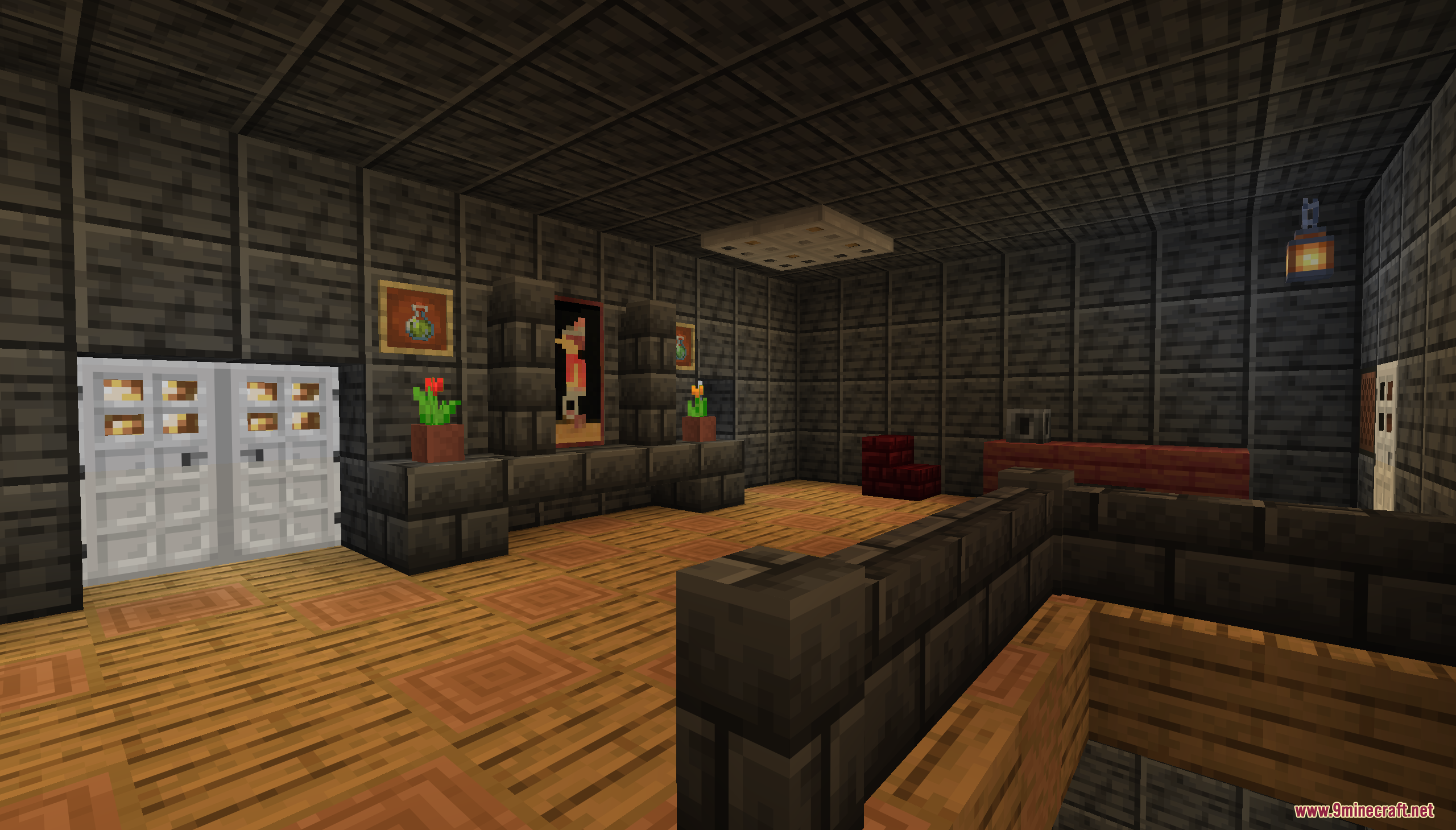 A large room featuring dark walls double doors and a decorative fireplace area