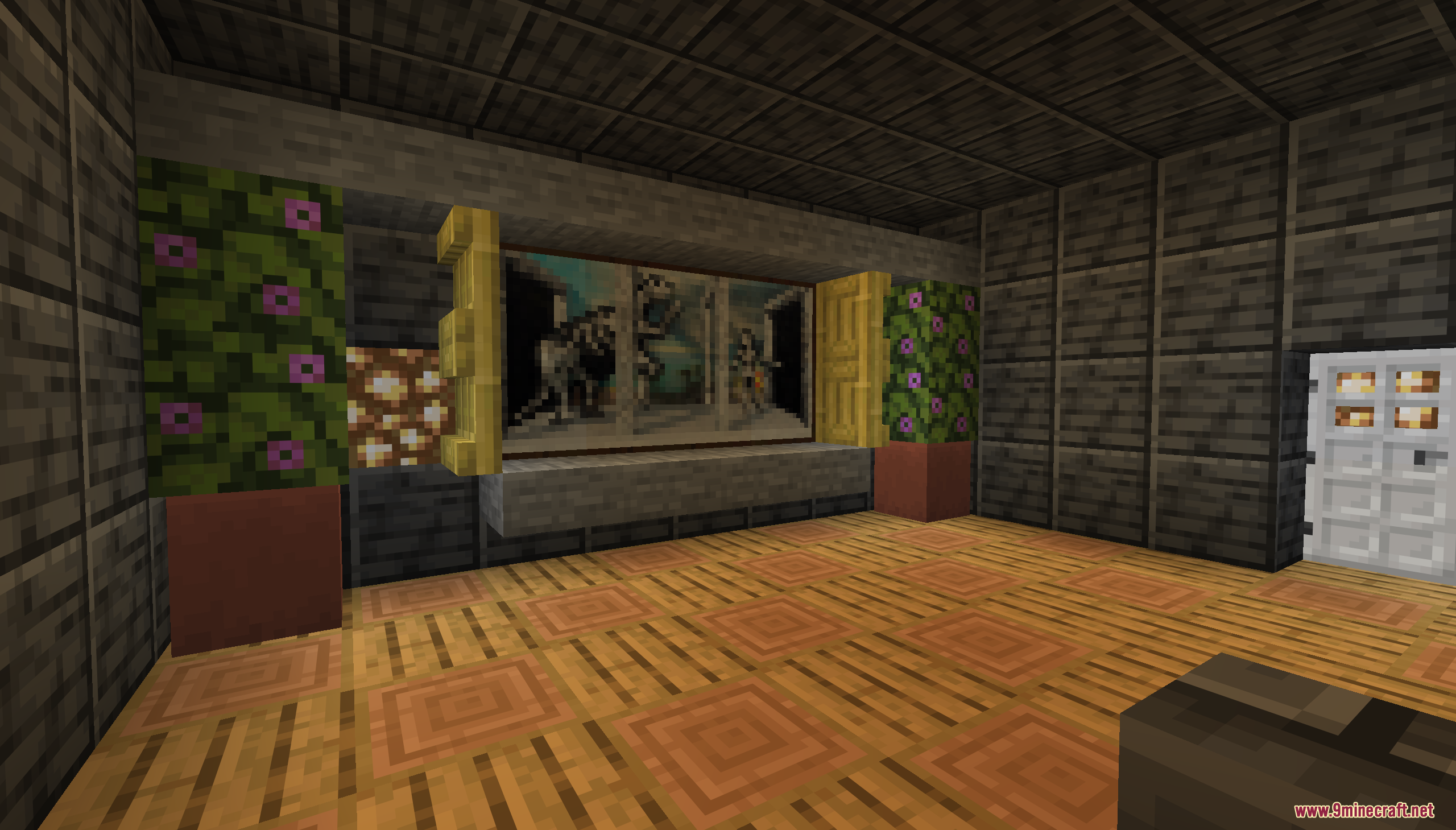 A Minecraft room with dark wood walls and a large skeleton painting