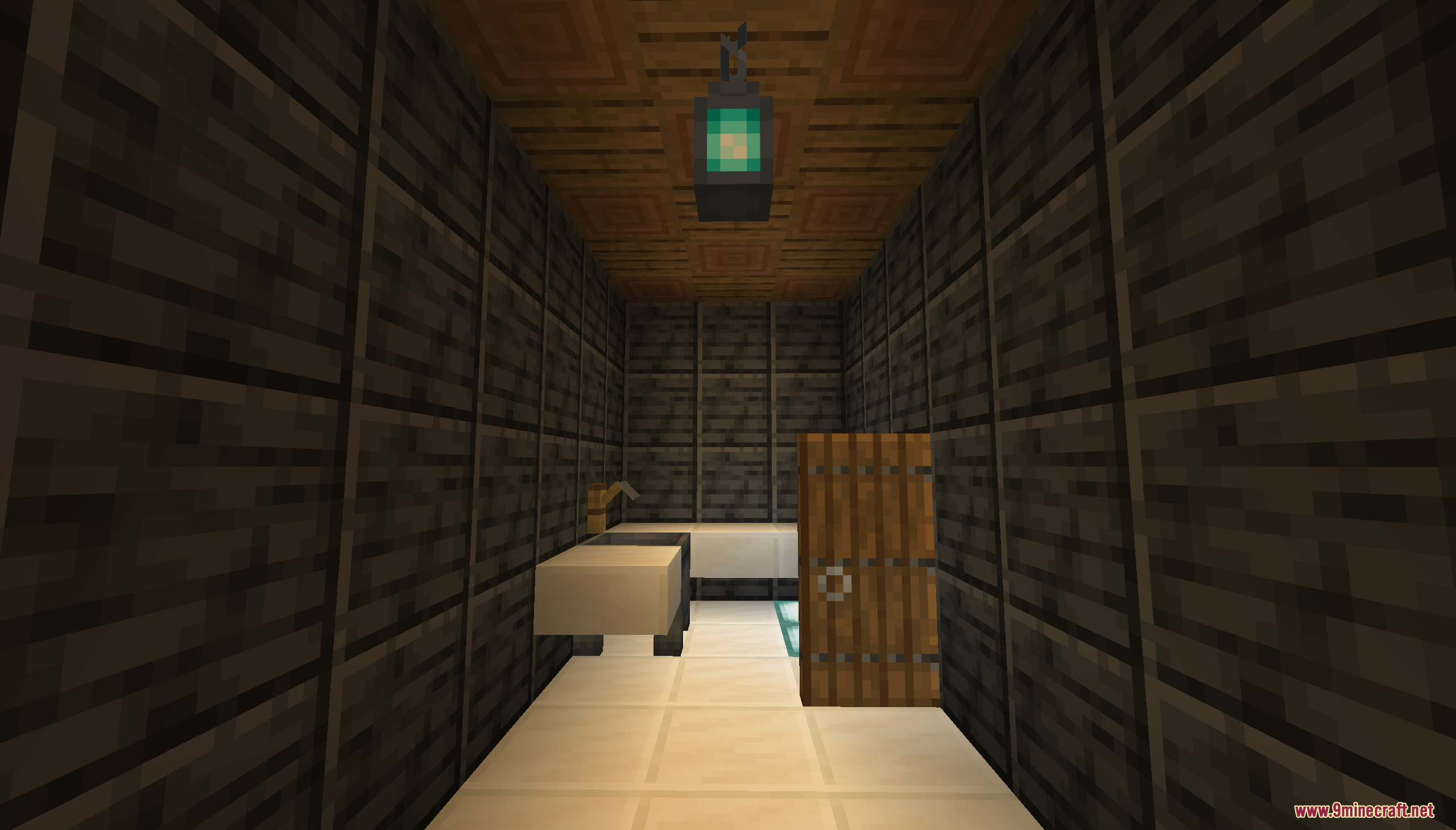 A narrow hallway with a soul lantern and a wooden door