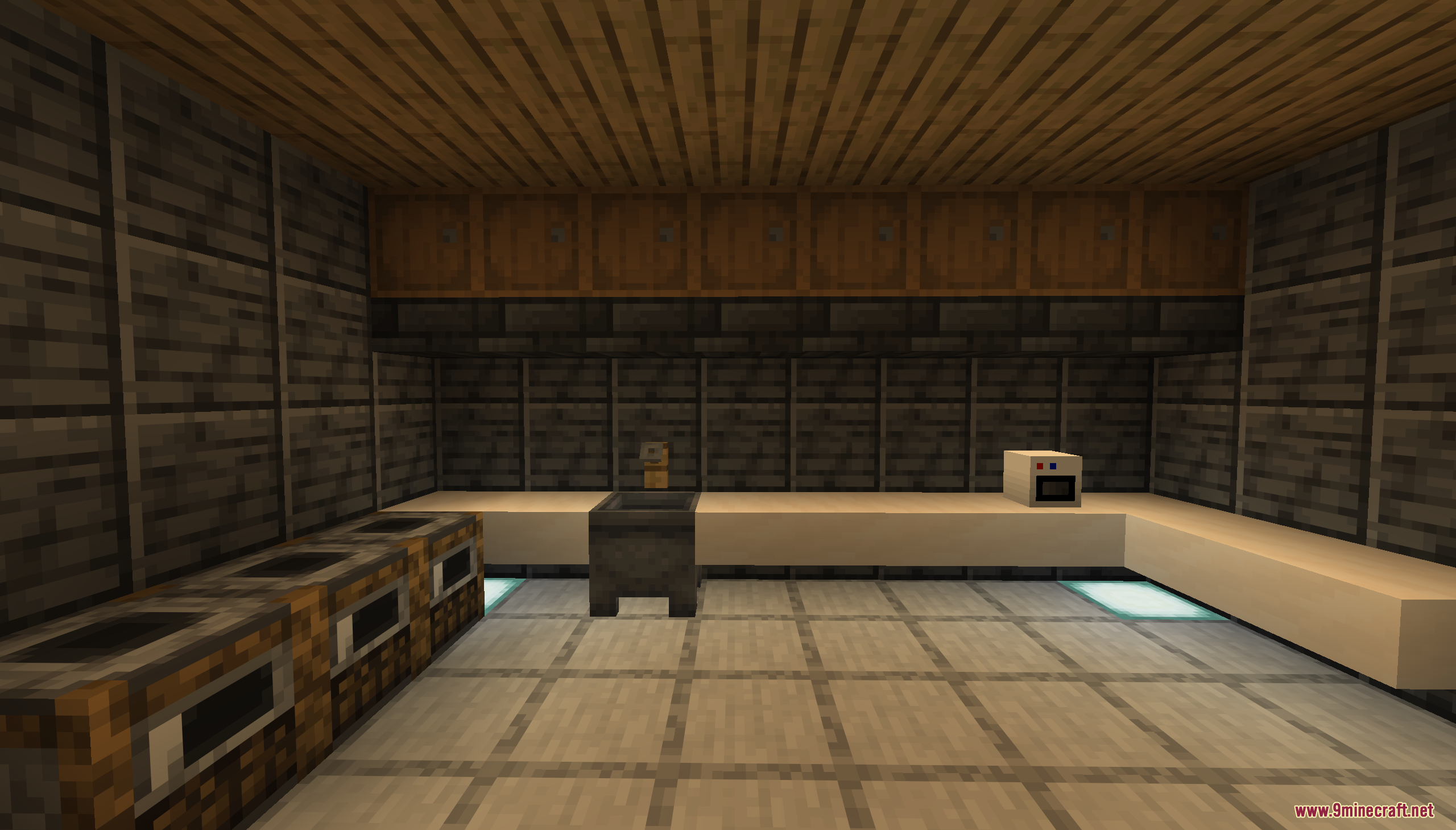 A spacious kitchen area with white counters and wooden storage cabinets