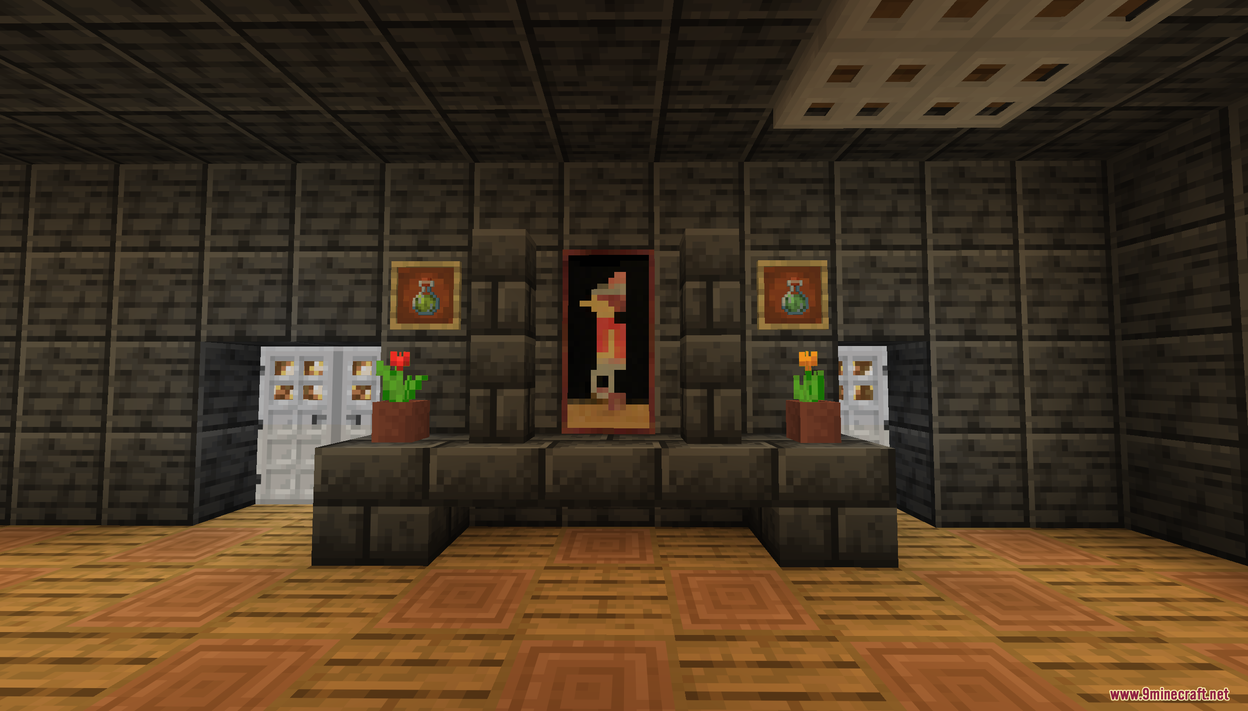A dark room with a central painting two flower pots and item frames