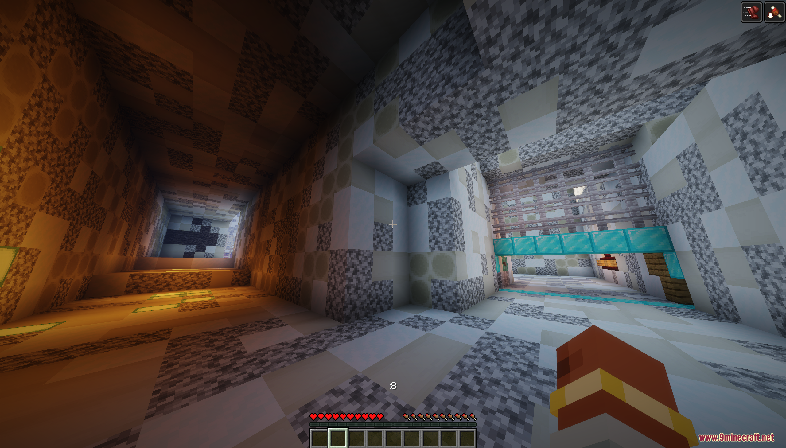 The Ashen Wastes Map Screenshot 1 A player explores a stone corridor featuring a bridge made of diamond blocks