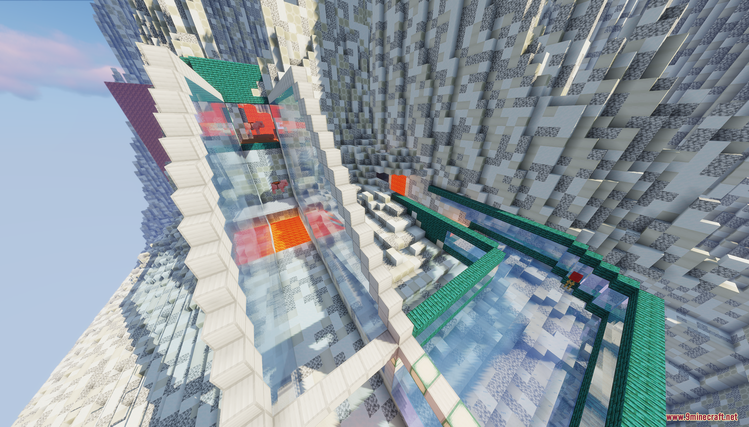 The Ashen Wastes Map Screenshot 10 A large glass structure containing lava within a snowy Minecraft mountain landscape