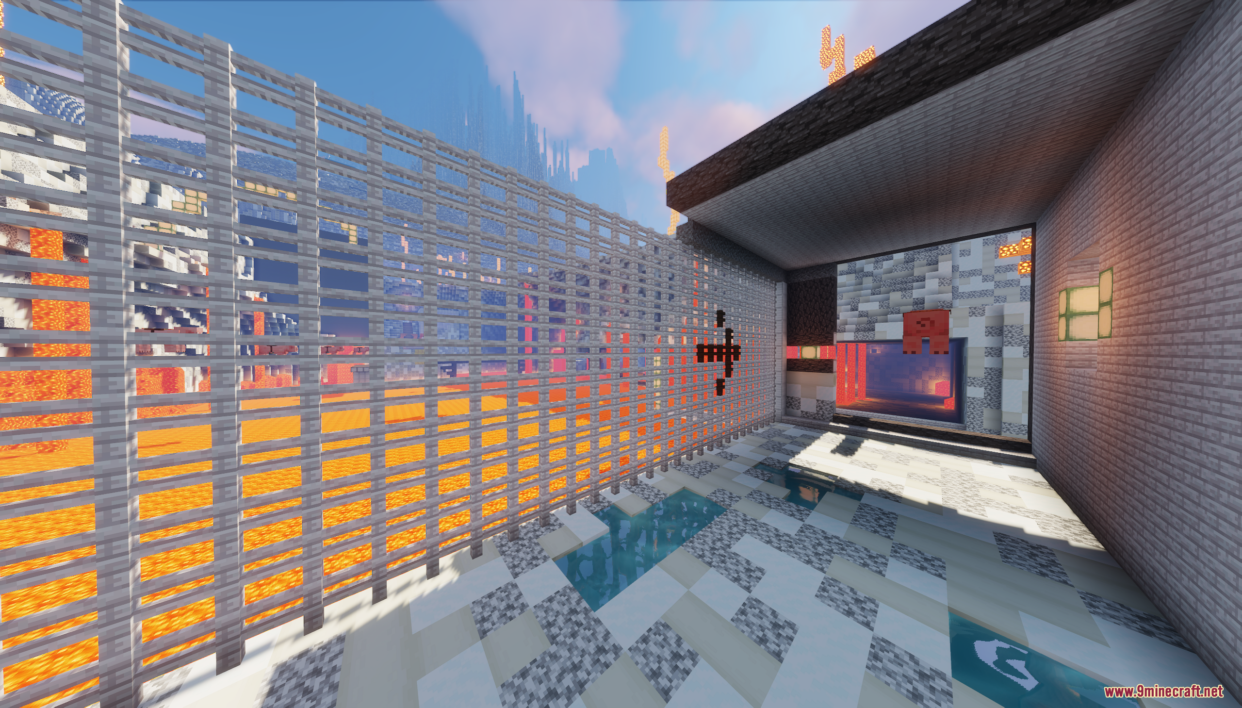 The Ashen Wastes Map Screenshot 4 Iron bars separate a tiled room from a vast lake of glowing lava