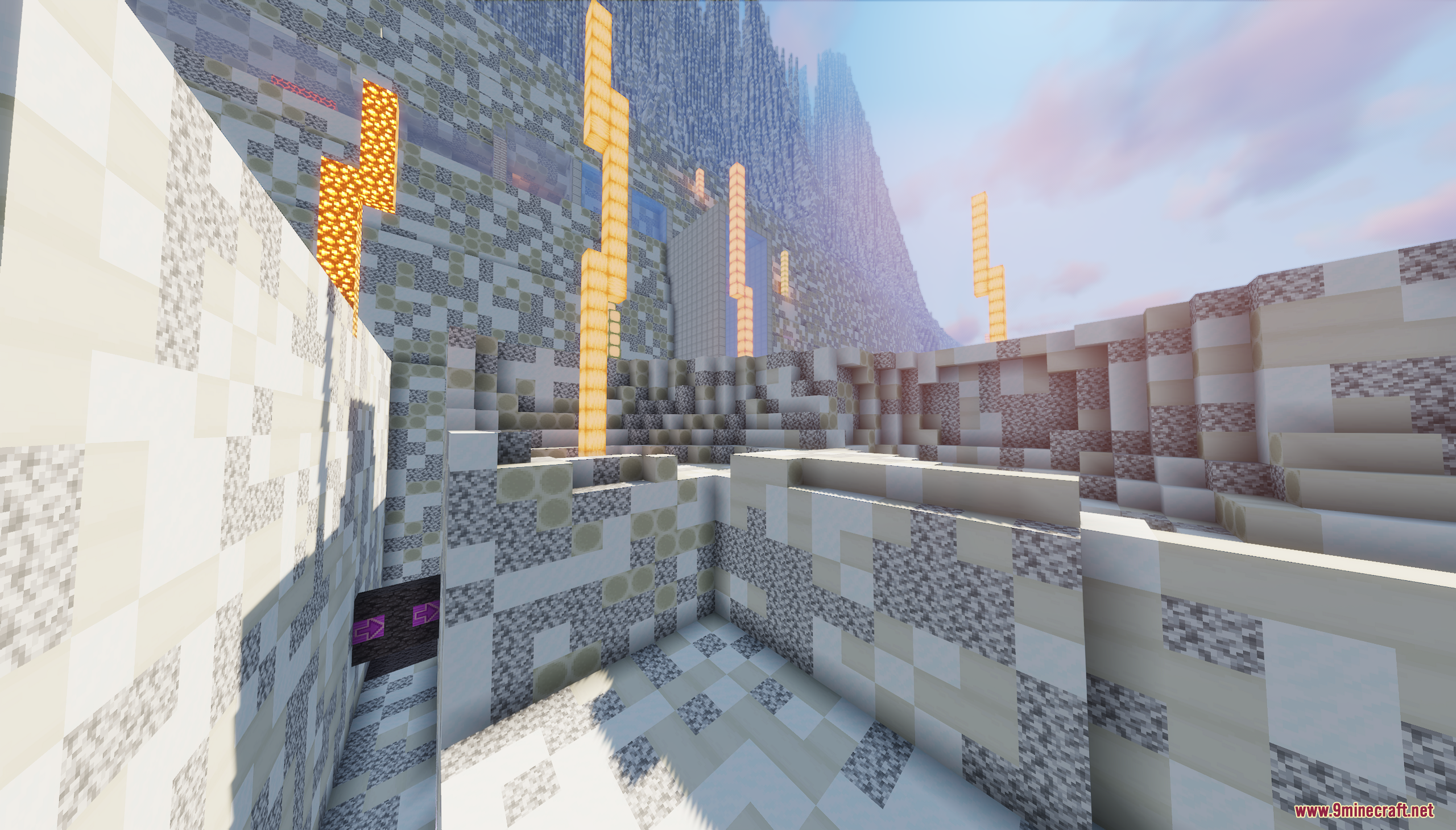 The Ashen Wastes Map Screenshot 7 Tall glowing orange pillars stand amidst a grey and white blocky landscape
