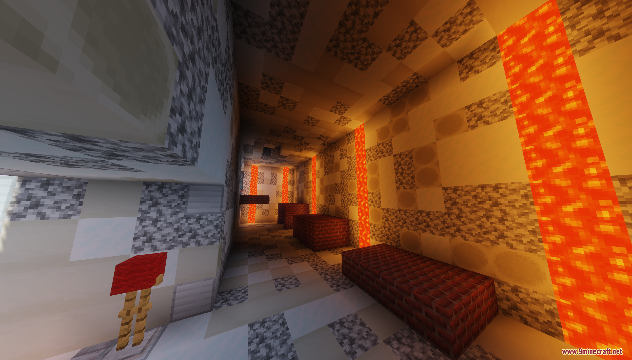 The Ashen Wastes Map Screenshot 9 A narrow hallway with lava streams and red brick blocks in Minecraft